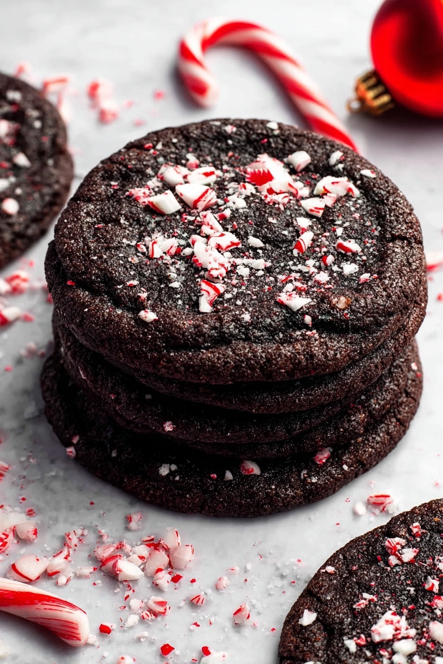 Double Chocolate Peppermint Cookies Recipe 6 This image shows a stack of five dark chocolate cookies on a white marbled surface. Each cookie is thick and round with a rough texture, and they are layered slightly overlapping. The cookies are sprinkled with small pieces of red and white crushed peppermint candies, adding bright color contrasts. Around the cookies, there are whole candy canes and a red Christmas ornament, enhancing the festive feel. The lighting is bright and clear, focusing on the texture and details of the cookies photo taken with an iphone --ar 2:3 --v 7 - Double Chocolate Peppermint Cookies, peppermint chocolate cookies, holiday chocolate cookies, peppermint treats, chocolate cookie recipes