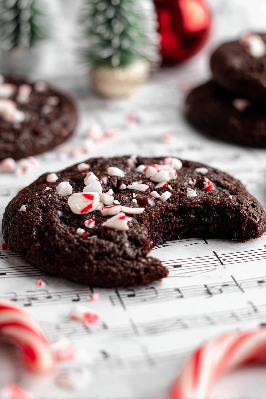 Double Chocolate Peppermint Cookies Recipe 8 A dark chocolate cookie with a rough texture lies on a sheet of music paper, topped with small white and red peppermint candy pieces scattered unevenly on its surface. The cookie has a bite taken out from the right side, showing a soft, dense inside with some chocolate bits. Around the main cookie, there are blurred edges of similar cookies and holiday decorations, including part of a white artificial tree and a small round red ornament. A white and red striped candy cane is visible at the bottom foreground, all set on a white marbled surface. Photo taken with an iphone --ar 2:3 --v 7 - Double Chocolate Peppermint Cookies, peppermint chocolate cookies, holiday chocolate cookies, peppermint treats, chocolate cookie recipes