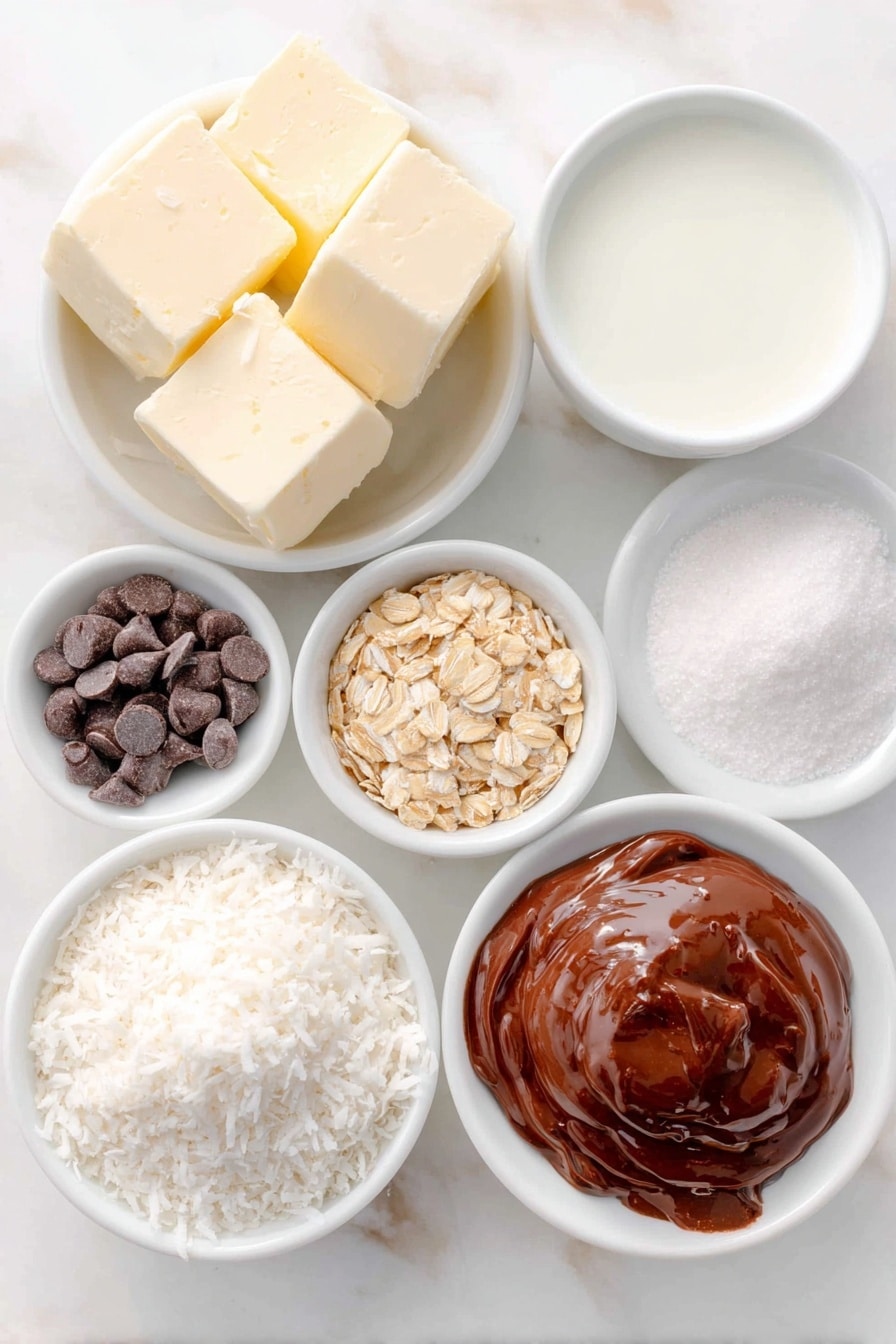 Fudgy Mint Chocolate No-Bake Cookies Recipe 7 Flat lay of a few small cubes of pale creamy butter, a small mound of granulated white sugar, a small heap of rich dark unsweetened cocoa powder, a small white bowl with fresh whole milk, a small white bowl filled with clear vanilla extract, a small pinch of coarse white salt, a neat pile of golden quick oats, a small heap of shredded unsweetened white coconut flakes, a small white bowl with powdered white icing sugar, a small white bowl with bright green liquid mint extract (natural color), a small cluster of glossy semisweet chocolate chips placed beside a small white bowl containing melted shiny dark chocolate ganache with a hint of melted butter mixed in, all ingredients arranged with perfect symmetry on a clean white ceramic surface, placed on a clean white marble surface, soft natural light, photo taken with an iPhone, professional food photography style, fresh ingredients, white ceramic bowls, no bottles, no duplicates, no utensils, no packaging --ar 2:3 --v 7 --p m7354615311229779997 - Fudgy Mint Chocolate No-Bake Cookies, mint chocolate dessert, no-bake chocolate cookies, quick mint fudge treats, easy summer dessert