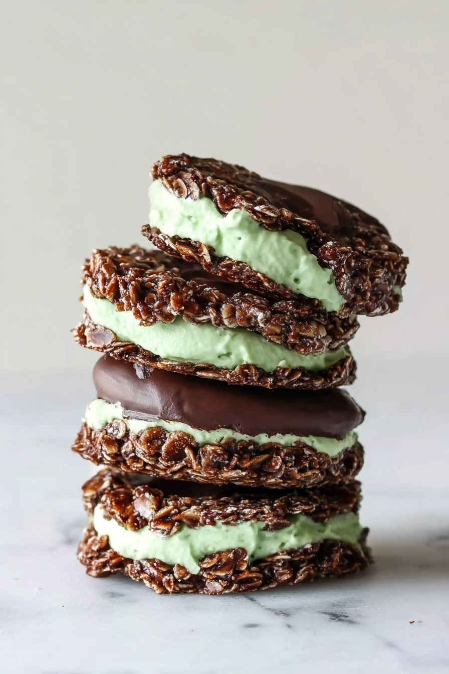 The image shows a stack of four round treats on a white marbled surface. Each treat has three visible layers: the bottom and top layers are dark brown, chunky, and look like a mix of oats and chocolate, giving a rough texture. Between these two rough layers is a smooth, thick layer of light green cream. The green cream layer looks soft and slightly uneven, adding a fresh contrast between the dark, crispy outer parts. The stack leans slightly to one side, showing the textures and layers clearly. Photo taken with an iphone --ar 2:3 --v 7 - Fudgy Mint Chocolate No-Bake Cookies, mint chocolate dessert, no-bake chocolate cookies, quick mint fudge treats, easy summer dessert