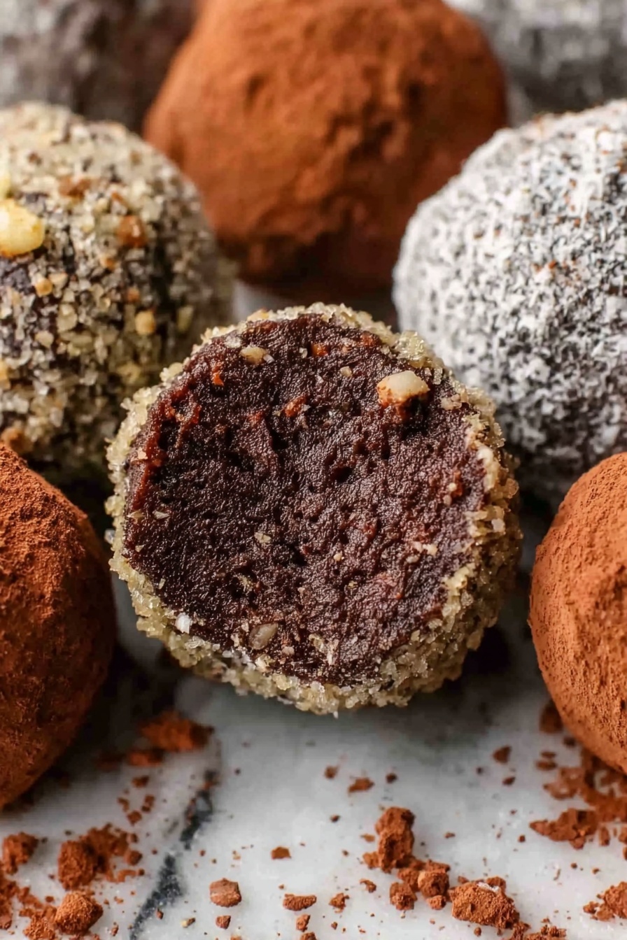 The image shows a close-up of several round chocolate truffles arranged on a white marbled surface. One truffle is cut in half and placed at the center, showing a dense and textured dark brown interior. Surrounding this, there are whole truffles covered in different coatings: one with a nut crumb layer that is light beige and crunchy in appearance, one dusted with white powdered sugar, and another with a reddish-brown cocoa powder coating. The truffles have an uneven, homemade look with rough textures and some crumbs scattered around them. Photo taken with an iphone --ar 2:3 --v 7 - Rum Ball Cookies, Rum Ball Cookies Ingredients, No-Bake Rum Cookies, Festive Boozy Cookies, Easy Holiday Treats