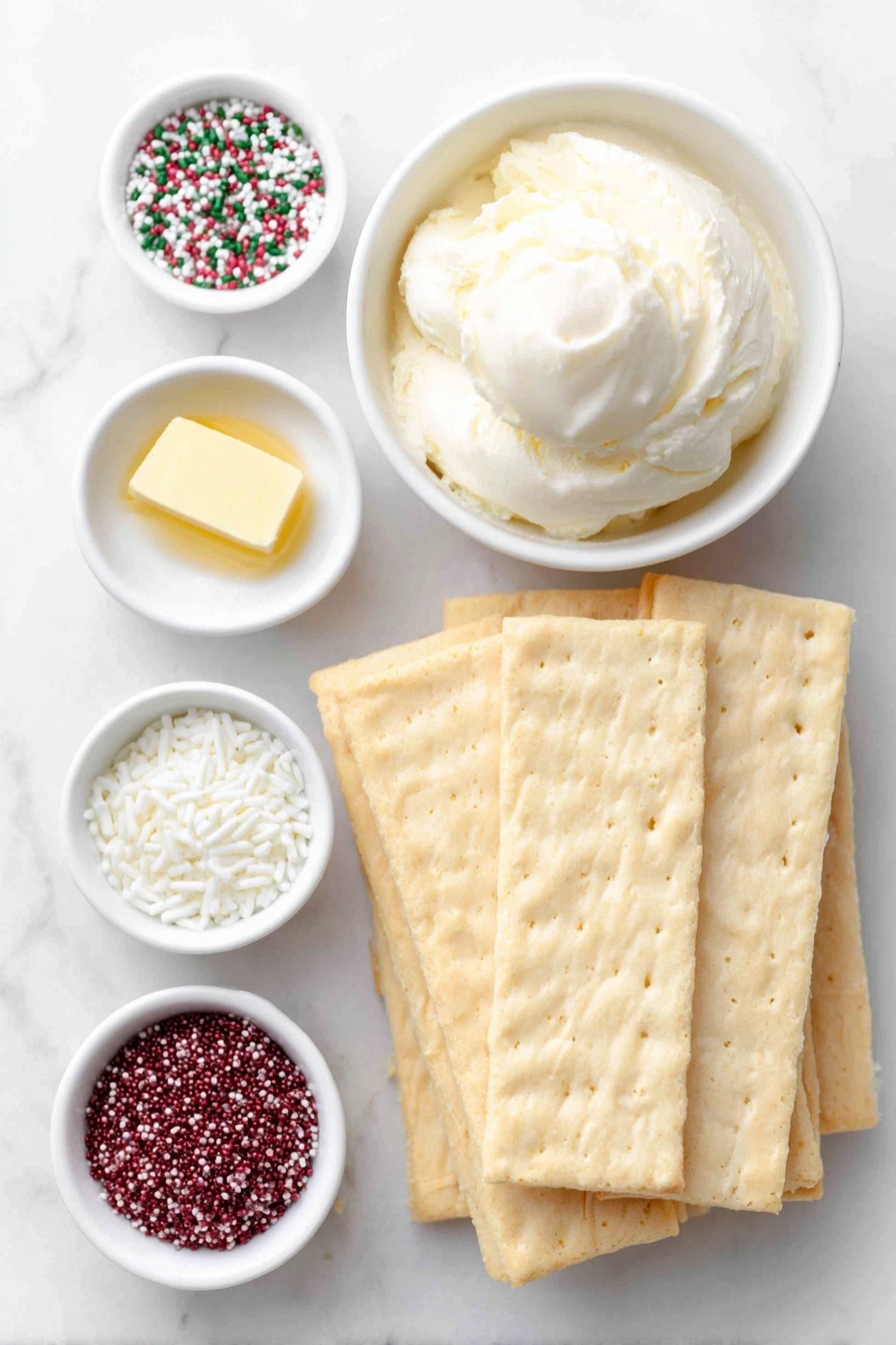 White Chocolate Dipped Sugar Wafers Recipe 7 Flat lay of fresh rectangular sugar wafer cookies stacked neatly, a small white ceramic bowl filled with smooth white candy melts, a tiny white bowl with a dollop of golden shortening, and three small white bowls containing vibrant red confetti sprinkles, green confetti sprinkles, and delicate white non-pareils, all arranged in perfect symmetry on a clean white marble surface, soft natural light, photo taken with an iPhone, professional food photography style, fresh ingredients, white ceramic bowls, no bottles, no duplicates, no utensils, no packaging --ar 2:3 --v 7 --p m7354615311229779997 - White Chocolate Dipped Sugar Wafers, sugar wafer treats, holiday dessert ideas, easy holiday sweets, white chocolate coated wafers