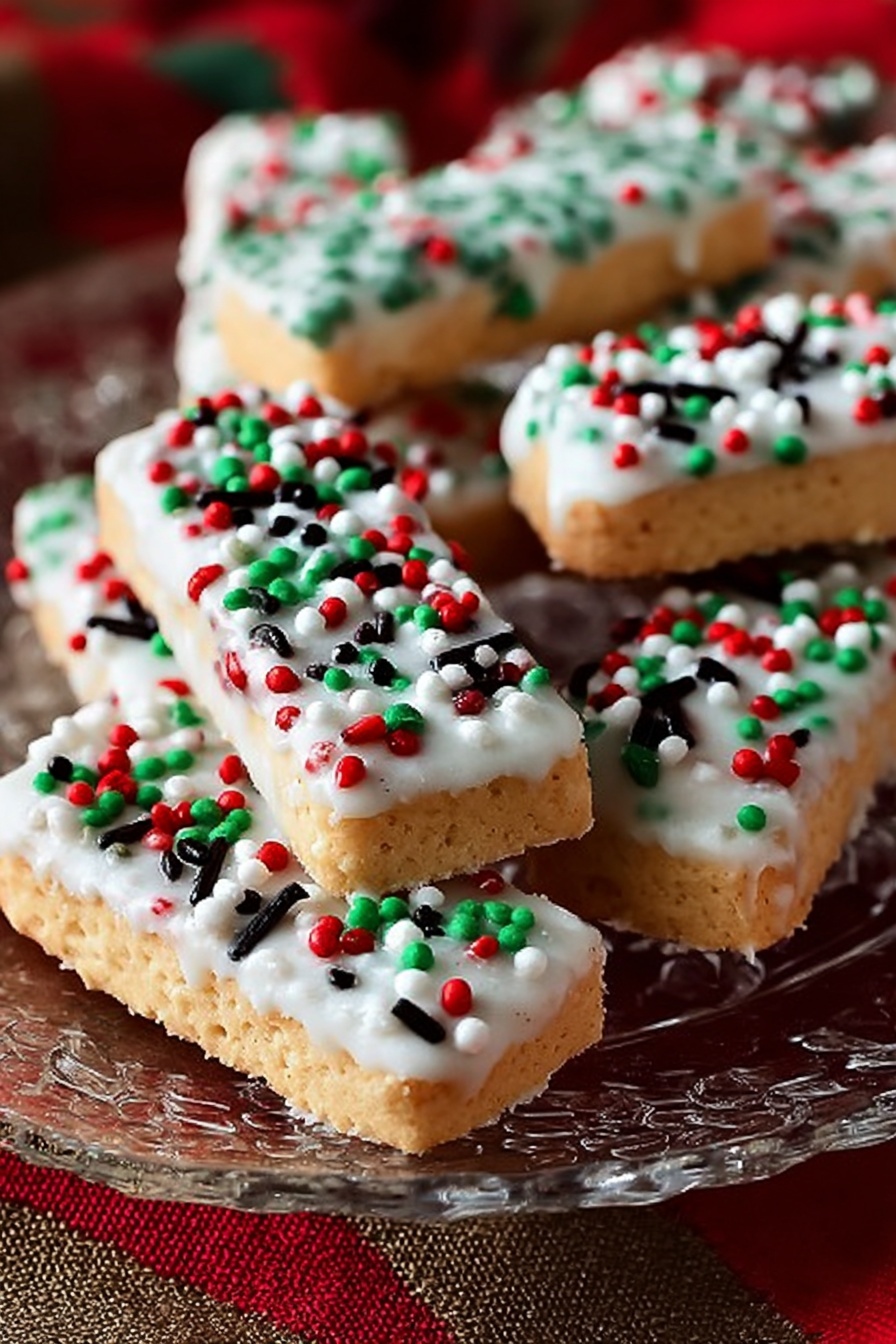 White Chocolate Dipped Sugar Wafers Recipe 8 The image shows several rectangular wafer cookies with a light beige color at one end, dipped in thick white icing covering most of the biscuit. Each cookie is decorated with small round sprinkles in red, green, and white, along with longer black sprinkles scattered on top, creating a festive look. The cookies are arranged in a clear glass plate sitting on a textured surface with a red cloth and brown fabric underneath. The background has a soft focus, keeping the attention on the colorful cookies. photo taken with an iphone --ar 2:3 --v 7 - White Chocolate Dipped Sugar Wafers, sugar wafer treats, holiday dessert ideas, easy holiday sweets, white chocolate coated wafers
