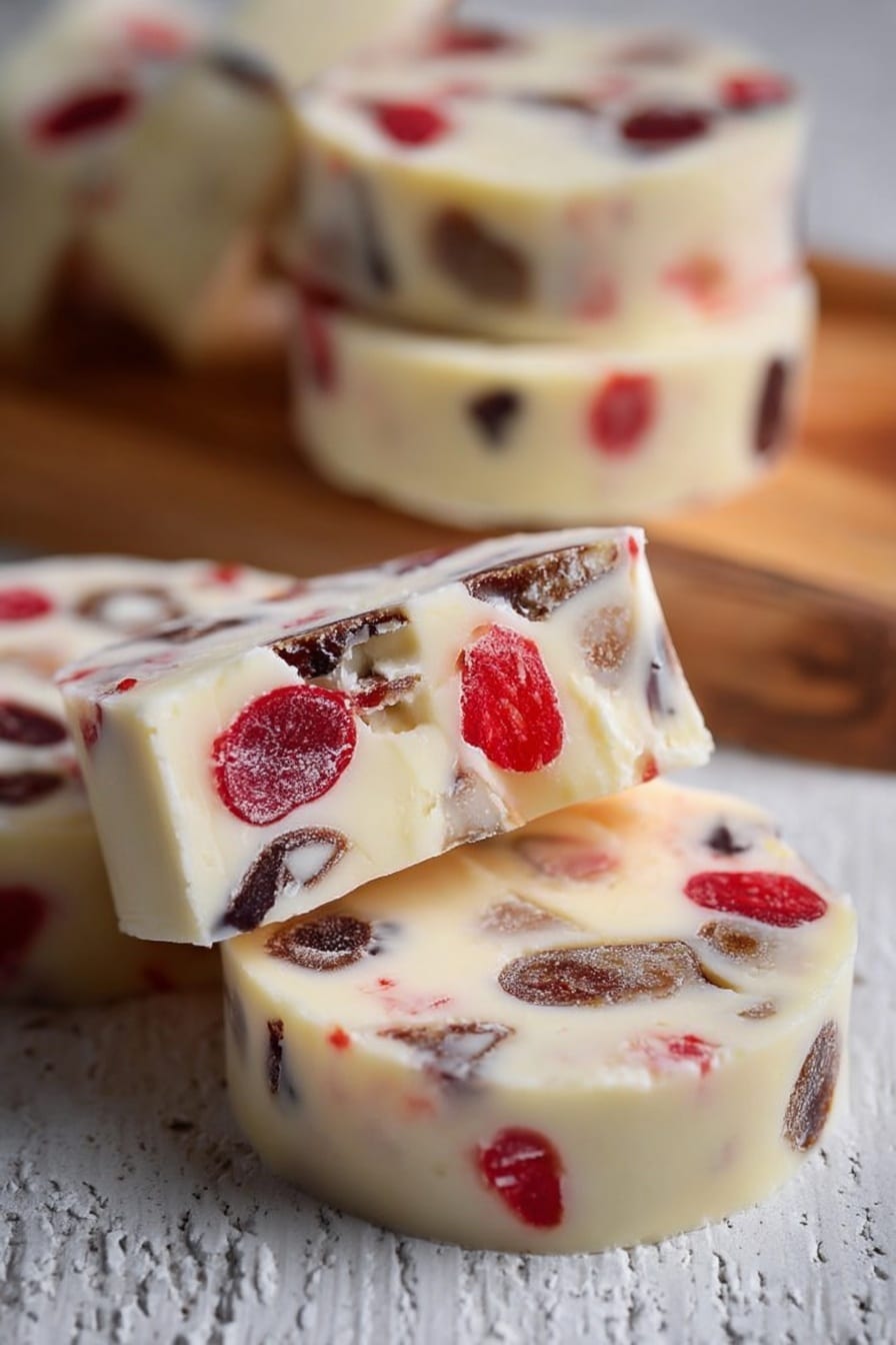 The image shows several round slices of a white creamy dessert with embedded chunks of dark brown and bright red pieces, scattered irregularly inside each slice. The slices have a smooth texture and are thick, stacked slightly on each other on a white textured surface. The background is blurred but suggests more slices stacked on a wooden board. The overall look is soft with contrasting dark and bright bits inside the pale main body. photo taken with an iphone --ar 2:3 --v 7 - Maraschino Cherry Shortbread Cookies, cherry shortbread recipes, festive cookies with cherries, soft buttery cookie with cherries, chocolate chip cherry cookies