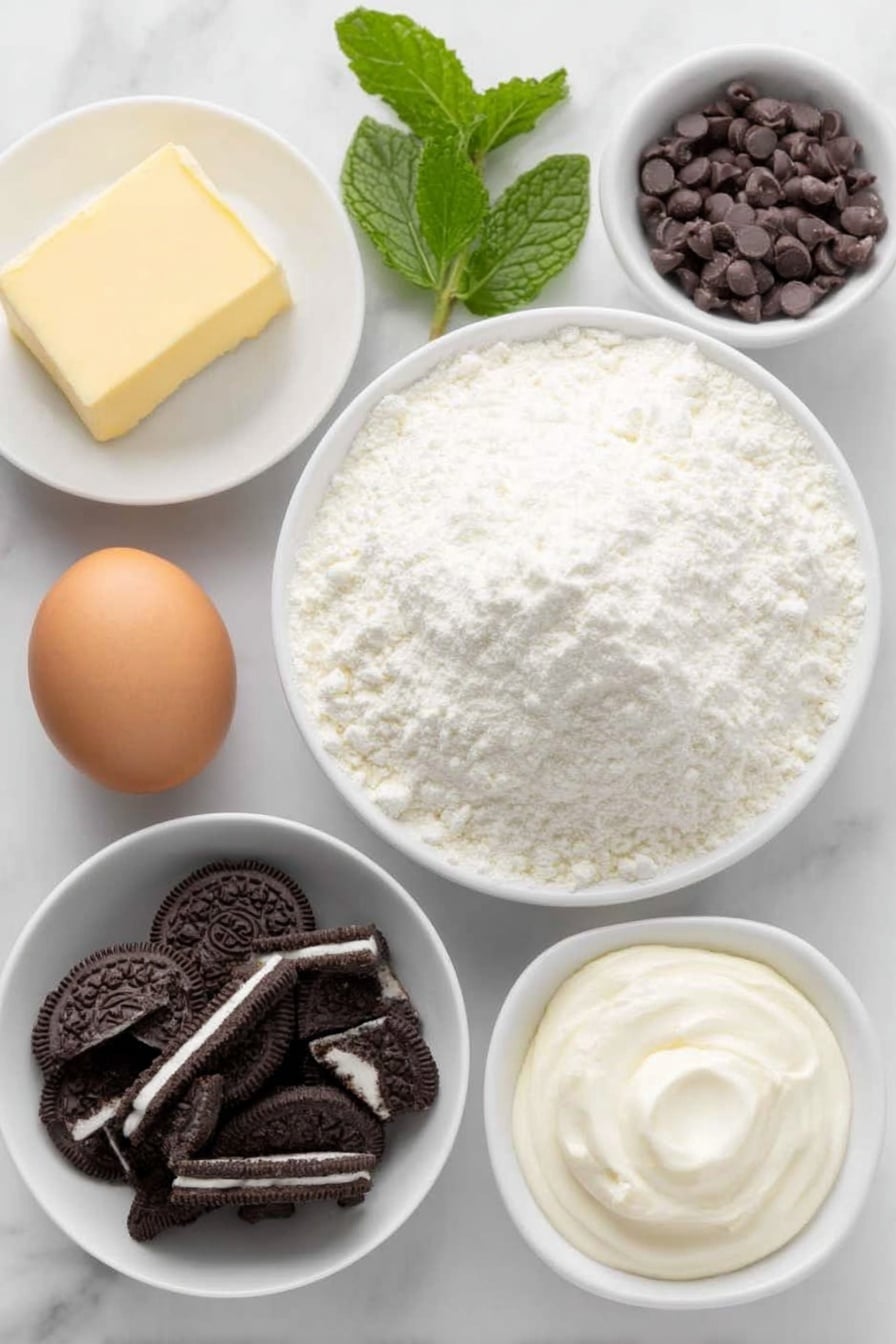 Peppermint Oreo Cookies Recipe 7 Flat lay of a small mound of white cake mix powder on a simple white ceramic plate, a pat of unsalted butter softened to a smooth texture on a white ceramic saucer, one large whole egg with a clean shell resting on a white ceramic dish, a few fresh peppermint leaves arranged beside a small white ceramic bowl of clear peppermint extract, a small white bowl of pale vanilla extract, a dollop of smooth cream cheese on a white ceramic plate, a handful of broken Oreo cookie chunks arranged neatly on a white ceramic dish, a small white bowl filled with irregular pieces of Andes peppermint crunch candy, and a small white bowl holding shiny dark chocolate chips, all ingredients arranged symmetrically, placed on a clean white marble surface, soft natural light, photo taken with an iPhone, professional food photography style, fresh ingredients, white ceramic bowls, no bottles, no duplicates, no utensils, no packaging --ar 2:3 --v 7 --p m7354615311229779997 - Peppermint Oreo Cookies, peppermint cookies recipe, holiday cookies with Oreos, peppermint dessert ideas, quick peppermint cookies