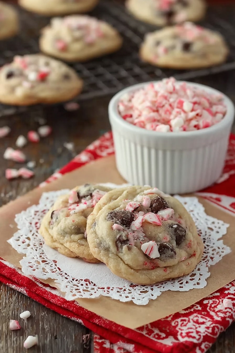 Peppermint Oreo Cookies Recipe 8 Two soft, round cookies sit on a white lace doily over a sheet of brown paper on a red and white cloth. The cookies are light beige with bits of dark chocolate and small pieces of pink and white peppermint candy mixed in. In the background, a white ramekin filled with more crushed pink and white candy pieces sits on a dark wooden surface. Behind that, a cooling rack holds more cookies with the same mix of chocolate and peppermint. The scene is warm and cozy, with some candy pieces scattered around. photo taken with an iphone --ar 2:3 --v 7 - Peppermint Oreo Cookies, peppermint cookies recipe, holiday cookies with Oreos, peppermint dessert ideas, quick peppermint cookies