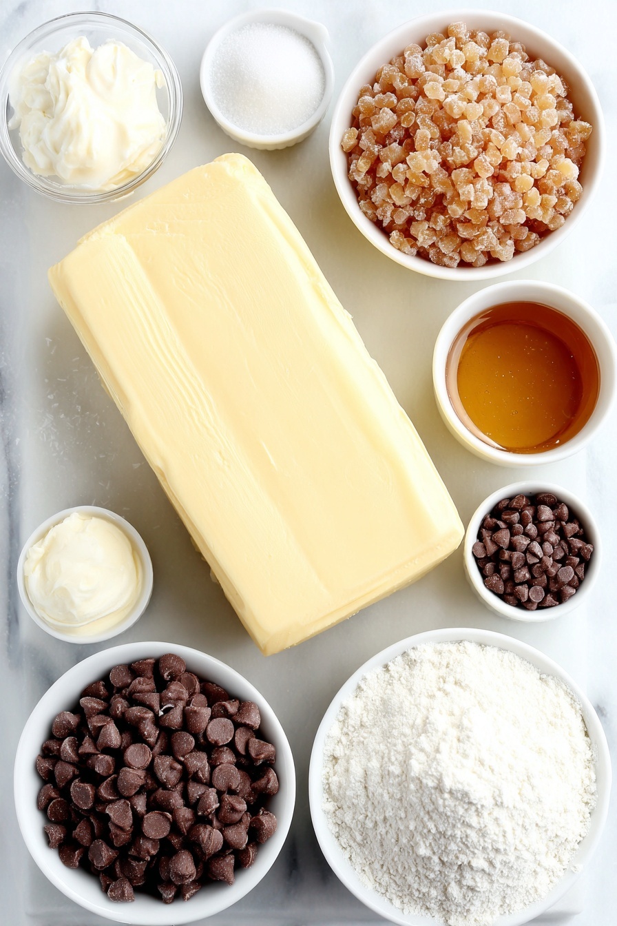 Twix Cookies with Caramel and Chocolate Recipe 7 Flat lay of a thick slab of pale yellow softened butter, a small white ceramic bowl filled with fine white powdered sugar, a small white bowl holding clear golden vanilla extract, a mound of fine all-purpose flour, a small pinch of white salt crystals neatly arranged, a small white bowl piled with glossy light brown caramel bits, a small white bowl of creamy heavy cream, a small white bowl heaped with smooth milk chocolate chips, and a small white bowl containing a glossy spoonful of clear coconut oil, all evenly spaced in perfect symmetry on a clean white marble surface, soft natural light, photo taken with an iPhone, professional food photography style, fresh ingredients, white ceramic bowls, no bottles, no duplicates, no utensils, no packaging --ar 2:3 --v 7 --p m7354615311229779997 - Twix Cookies with Caramel and Chocolate, homemade Twix cookie bars, caramel chocolate cookie recipe, easiest Twix-inspired cookies, chewy caramel chocolate cookies