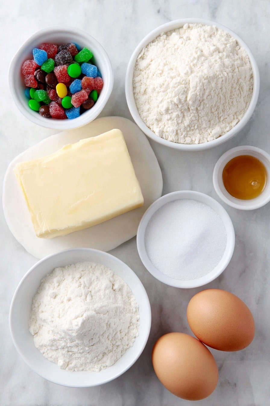 Stained Glass Cookies with Jolly Ranchers Recipe 7 Flat lay of a small pile of vibrant crushed hard candies in red, green, and blue hues, a softened stick of pale yellow unsalted butter block, a small white ceramic bowl filled with granulated white sugar, two whole brown eggs with clean smooth shells, a small white ceramic bowl of fine white all-purpose flour, a tiny white ceramic bowl containing clear vanilla extract, and a pinch of coarse salt crystals on the side, all arranged symmetrically and naturally on a simple white ceramic plate and bowls, placed on a clean white marble surface, soft natural light, photo taken with an iPhone, professional food photography style, fresh ingredients, white ceramic bowls, no bottles, no duplicates, no utensils, no packaging --ar 2:3 --v 7 --p m7354615311229779997 - Stained Glass Cookies with Jolly Ranchers, colorful holiday cookies, festive cookie recipes, easy Christmas cookie ideas, translucent candy cookies