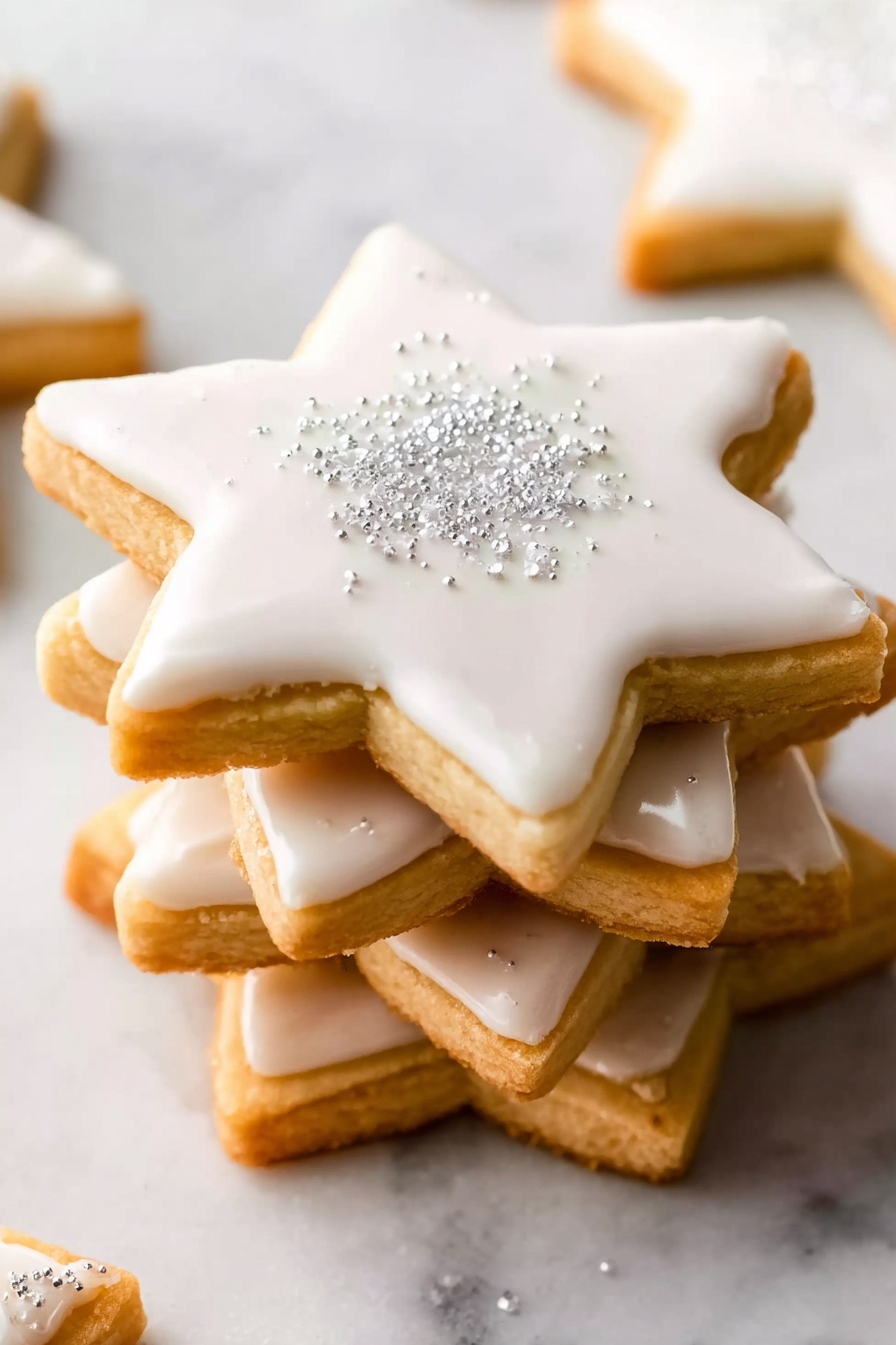 The image shows a mix of Christmas-shaped sugar cookies on a white marbled surface. There are two layers mainly: plain golden-brown cookies with no icing, and decorated cookies with smooth, colorful icing on top. The decorated ones include dark green Christmas trees with small white dots, red mittens with white cuffs speckled with red sugar, white snowflakes with silver sugar crystals, red candy canes with white sprinkles, and round cookies iced in soft pink and white topped with silver sparkles. Some cookies are stacked slightly, adding depth. The bright colors and soft icing contrast with the golden cookie base and smooth marbled surface. photo taken with an iphone --ar 2:3 --v 7 - Christmas Sugar Cookies with Easy Icing, holiday sugar cookies, festive Christmas cookies, easy holiday cookie recipe, buttery Christmas cookies