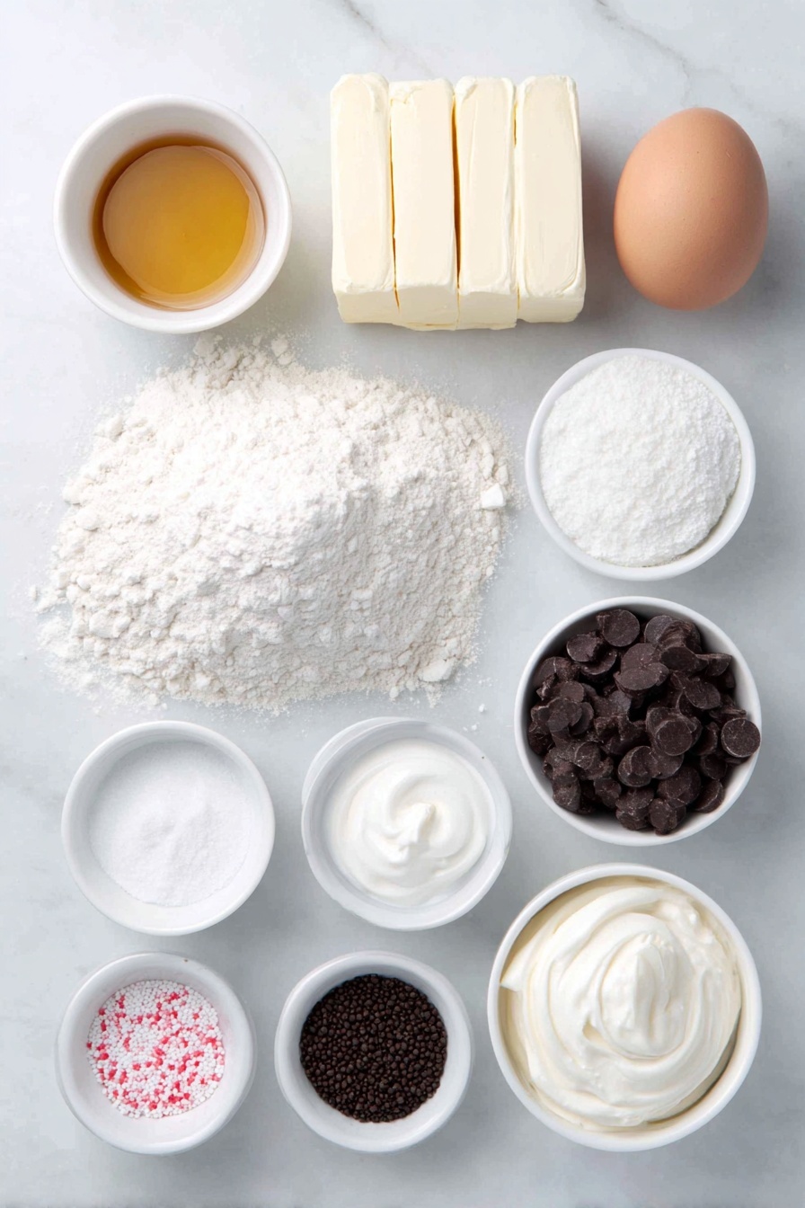 Cream Cheese Cookie Polar Bears Recipe 7 Flat lay of a small pile of unsalted butter sticks with a soft creamy texture, a block of full fat cream cheese with smooth surface, a small mound of granulated white sugar, a single large brown egg with a clean shell, a small white bowl of golden vanilla extract, a neat heap of all-purpose white flour, a small white bowl containing pure white cornstarch, a tiny white bowl of fine baking powder, a pinch of fine salt in a small white bowl, a small white bowl filled with fine white powdered sugar, a small white bowl holding heavy whipping cream with a slight silky sheen, a small white bowl of coarse white sanding sugar, a few large dark chocolate chips with a glossy finish, some tiny round black sprinkles, and a few tiny round pink and red sprinkles — all arranged symmetrically and spaced evenly on a clean white marble surface, soft natural light, photo taken with an iPhone, professional food photography style, fresh ingredients, white ceramic bowls, no bottles, no duplicates, no utensils, no packaging --ar 2:3 --v 7 --p m7354615311229779997 - Cream Cheese Cookie Polar Bears, adorable winter cookies, soft and fluffy cookie recipe, holiday cookie ideas, cute cookie decorating tips