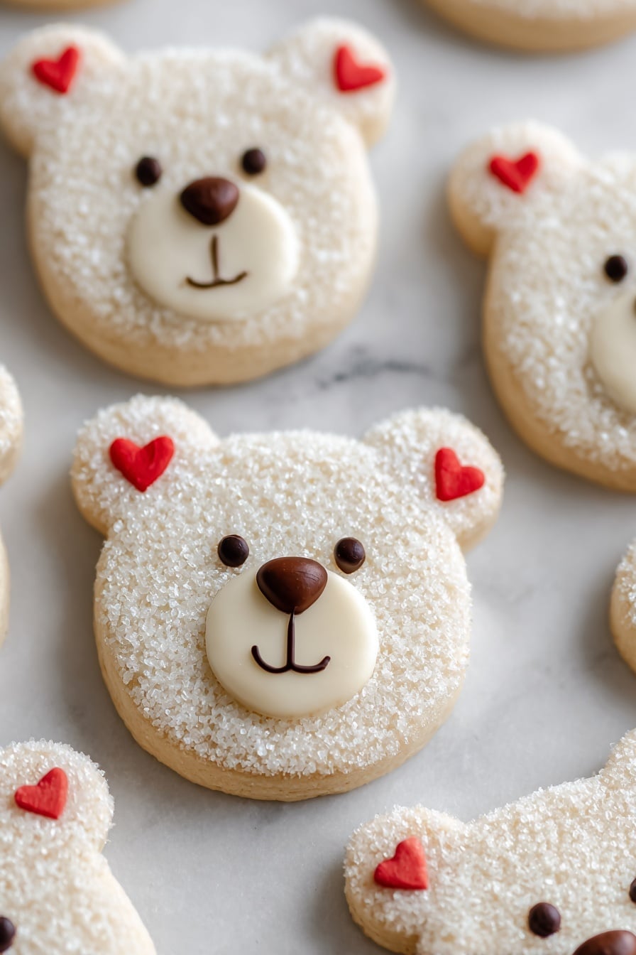 Cream Cheese Cookie Polar Bears Recipe 6 The image shows a close-up of several bear-shaped sugar cookies on a white marbled surface with white parchment paper underneath. Each cookie has two small round ears and a round head, all covered in white sanding sugar giving a glistening texture. On the ears, there are tiny red heart shapes. The bear's face is decorated with a smooth cream-colored icing snout positioned on the lower center of the face. On the snout, a dark brown nose is placed in the middle top, with two small black circular eyes above and a small curved black line for the mouth below the nose. The overall look is cute and simple, with soft pastel and neutral tones. photo taken with an iphone --ar 2:3 --v 7 - Cream Cheese Cookie Polar Bears, adorable winter cookies, soft and fluffy cookie recipe, holiday cookie ideas, cute cookie decorating tips