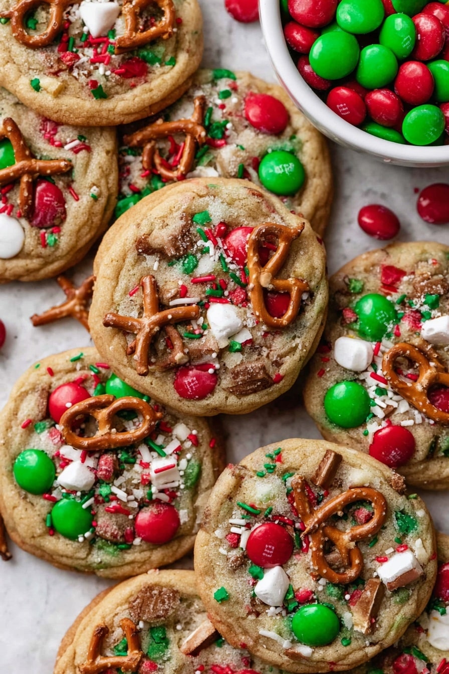 Christmas Cookie Recipe with M&M's and Pretzels Recipe 6 A pile of cookies is shown stacked closely on a white marbled surface, each cookie has a light brown base with a soft texture. The cookies have bright red and green candy pieces evenly spread on top, along with white chips giving slight cream color spots. There are also small broken pretzels with a shiny light brown color scattered across the cookies. Red, green, and white sprinkles add an extra festive touch, spread across the top of the cookies. Some whole pretzels lie next to the cookies, adding texture contrast with their smooth, twisted shape. photo taken with an iphone --ar 2:3 --v 7 - Christmas Cookie with M&M's and Pretzels, festive holiday cookies, colorful holiday treats, salty sweet Christmas cookies, easy Christmas cookie recipes