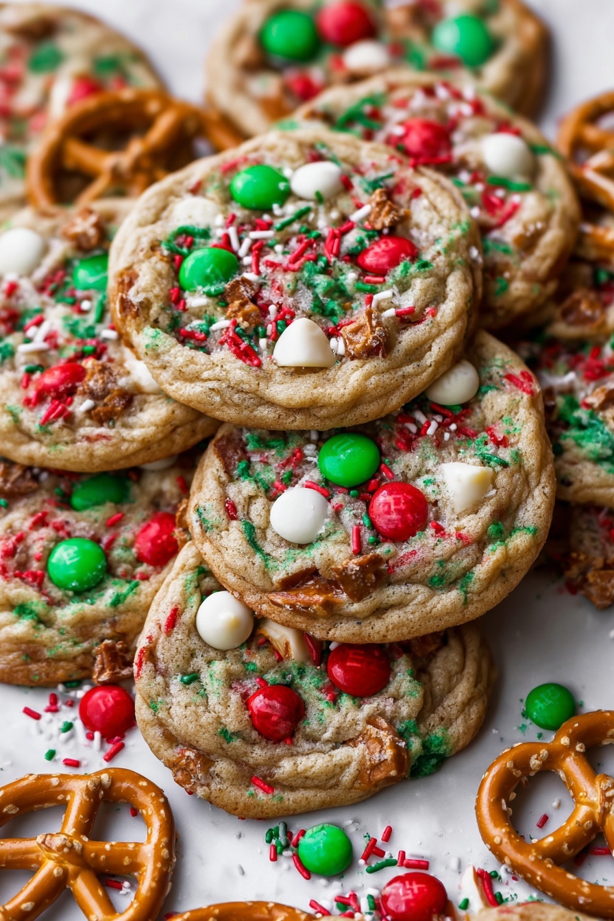 Christmas Cookie Recipe with M&M's and Pretzels Recipe 8 The image shows a close-up of colorful cookies piled together on a white marbled surface. Each cookie has a light golden brown base and is decorated with bright red and green candy-coated chocolates, small pieces of pretzels in light brown, white nut pieces, and red, green, and white sprinkles scattered on top. The pretzel pieces are both whole and broken and are placed unevenly on the cookies. The cookies have a slightly rough texture with candy and toppings embedded into them. Part of a white bowl filled with the same red and green candy-coated chocolates is visible in the top right corner. photo taken with an iphone --ar 2:3 --v 7 - Christmas Cookie with M&M's and Pretzels, festive holiday cookies, colorful holiday treats, salty sweet Christmas cookies, easy Christmas cookie recipes