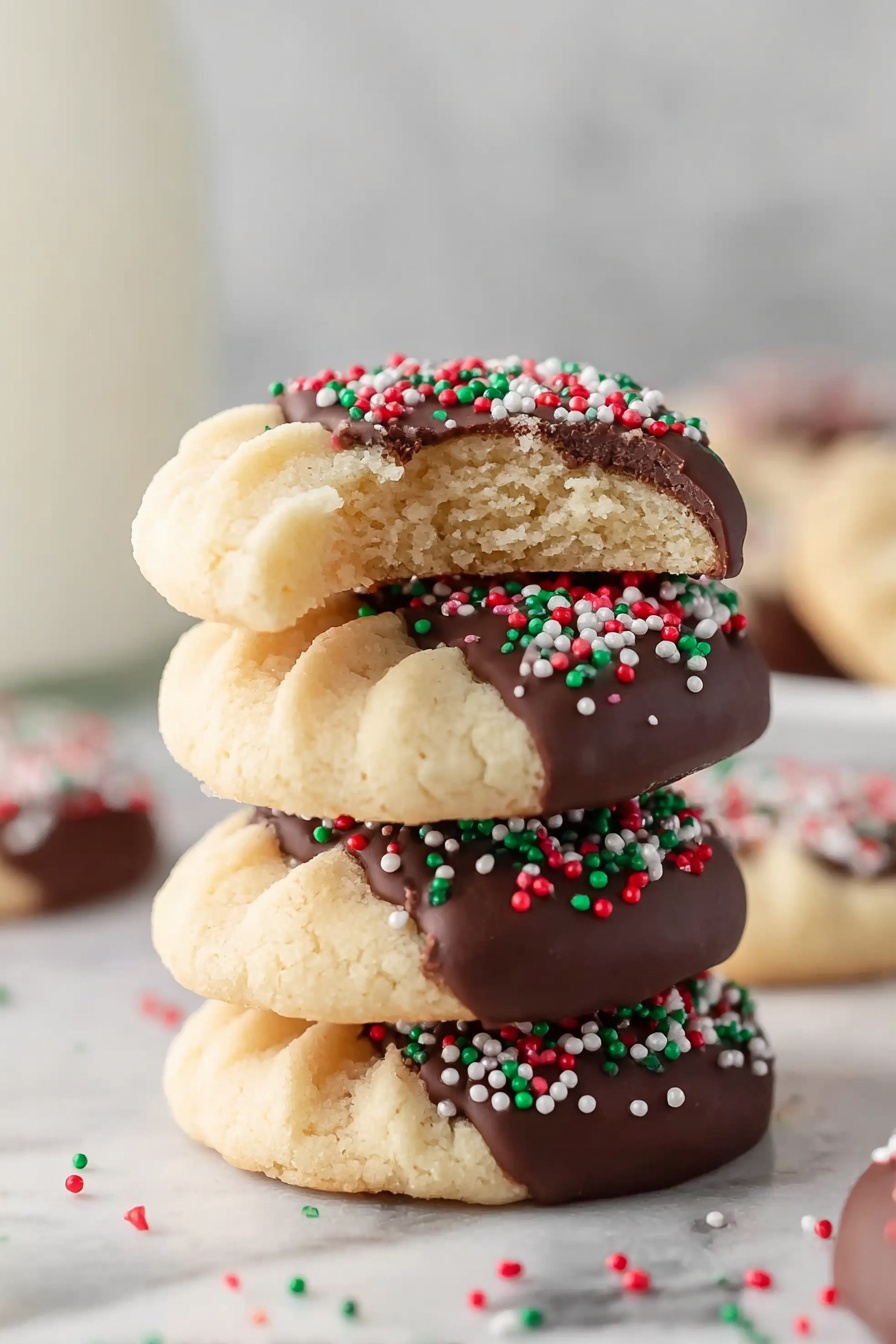 The image shows a stack of four light beige round cookies with swirled edges on a white marbled surface. The top cookie has a bite taken out of it, showing a soft, crumbly texture inside. The second and fourth cookies from the top are half dipped in dark chocolate with colorful red, green, white, and pink sprinkles on the chocolate part. Around the stack, there are extra sprinkles scattered on the white marbled surface. The background is softly blurred with a milk bottle visible behind the cookies. photo taken with an iphone --ar 2:3 --v 7 - Chocolate-Dipped Butter Swirl Cookies, holiday cookies, buttery swirl cookies, chocolate-dipped cookies, festive cookie recipes