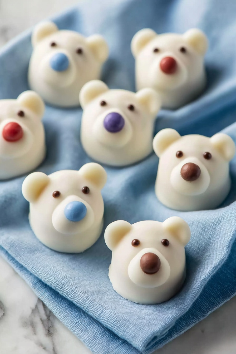 The image shows several small bear-shaped treats arranged on a soft blue cloth with gentle folds, placed on a white marbled surface. Each bear has a white smooth base with round ears, and a small snout layer in front. They have different colored round noses made of candy or icing in blue, red, purple, and brown. Each bear has two small dark eyes above the snout, creating a cute and friendly look. The bears are spaced evenly and look soft and smooth, giving a playful, sweet feeling. photo taken with an iphone --ar 2:3 --v 7 - Polar Bear Cookies, adorable cookie ideas, holiday treat recipes, easy festive cookies, fun baking activities
