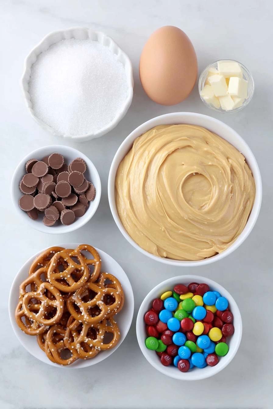 Peanut Butter Reindeer Cookies Recipe 7 Flat lay of smooth creamy peanut butter scooped in a small white ceramic bowl, white granulated sugar in a small white ceramic bowl, a single whole brown egg with clean shell, a handful of miniature pretzel halves arranged neatly, twenty-four mini peanut butter cups placed in a simple white ceramic dish, twenty-four colorful round M&M’s scattered in a small white bowl, forty-eight small candy eyes displayed orderly in a white ceramic bowl, placed on a clean white marble surface, soft natural light, photo taken with an iPhone, professional food photography style, fresh ingredients, white ceramic bowls, no bottles, no duplicates, no utensils, no packaging --ar 2:3 --v 7 --p m7354615311229779997 - Peanut Butter Reindeer Cookies, festive holiday cookies, easy Christmas treat, adorable reindeer cookies, peanut butter cookie recipe