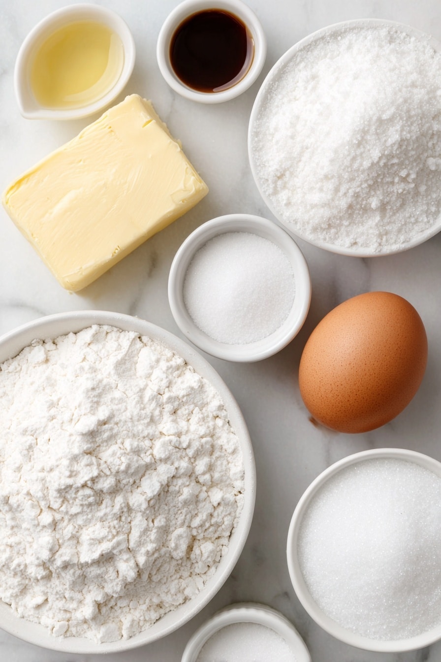 Mini Sugar Cookies Recipe 7 Flat lay of a small block of unsalted butter, a small white ceramic bowl with granulated sugar, a small white ceramic bowl with powdered sugar, a small white ceramic bowl with clear canola oil, a small white ceramic bowl with pure vanilla extract, a small white ceramic bowl with almond extract, one large whole uncracked brown egg, a small white ceramic bowl of all purpose flour, a small white ceramic bowl with baking soda powder, a small white ceramic bowl with cream of tartar powder, a small white ceramic bowl with salt, and a small white ceramic bowl with granulated sugar for rolling and sprinkling, all arranged symmetrically and naturally, placed on a clean white marble surface, soft natural light, photo taken with an iPhone, professional food photography style, fresh ingredients, white ceramic bowls, no bottles, no duplicates, no utensils, no packaging --ar 2:3 --v 7 --p m7354615311229779997 - Mini Sugar Cookies, mini sugar cookies recipe, easy sugar cookies, small sweet cookies, holiday cookie ideas