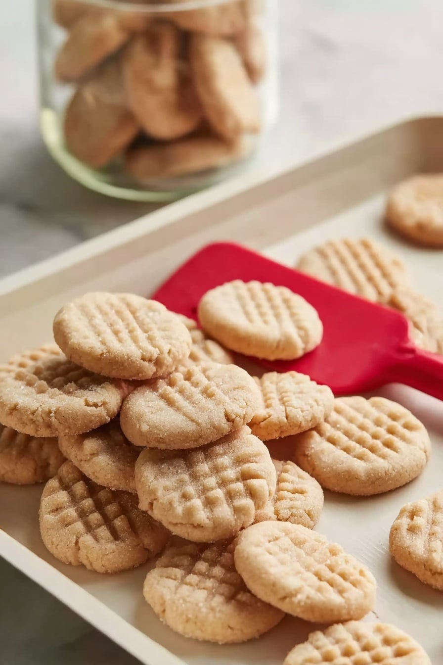 Mini Sugar Cookies Recipe 8 The image shows a group of small, round cookies with a light golden color and a slightly rough texture, each with a shallow grid pattern on top. They are stacked and scattered on a white tray with some piled on a red spatula positioned slightly to the left of the center. The tray sits on a white marbled surface, and there is a blurry glass container with more cookies in the background. photo taken with an iphone --ar 2:3 --v 7 - Mini Sugar Cookies, mini sugar cookies recipe, easy sugar cookies, small sweet cookies, holiday cookie ideas