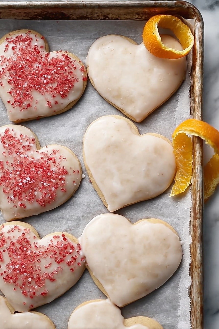 A metal rectangular tray holds several cookies with two main shapes: hearts and stars. Each cookie has a golden-brown base, with most covered in a thin white icing that has a slightly rough texture and some pinkish specks. One heart-shaped cookie is plain without icing, showing its smooth, golden top with a bite taken out of it. The faces of the cookies are slightly shiny, and the edges are rounded. The tray sits on a white marbled surface. photo taken with an iphone --ar 2:3 --v 7 - Lebkuchen Cookies with Spiced Glaze, German holiday cookies, spiced gingerbread cookies, soft Lebkuchen treats, festive holiday cookie recipe