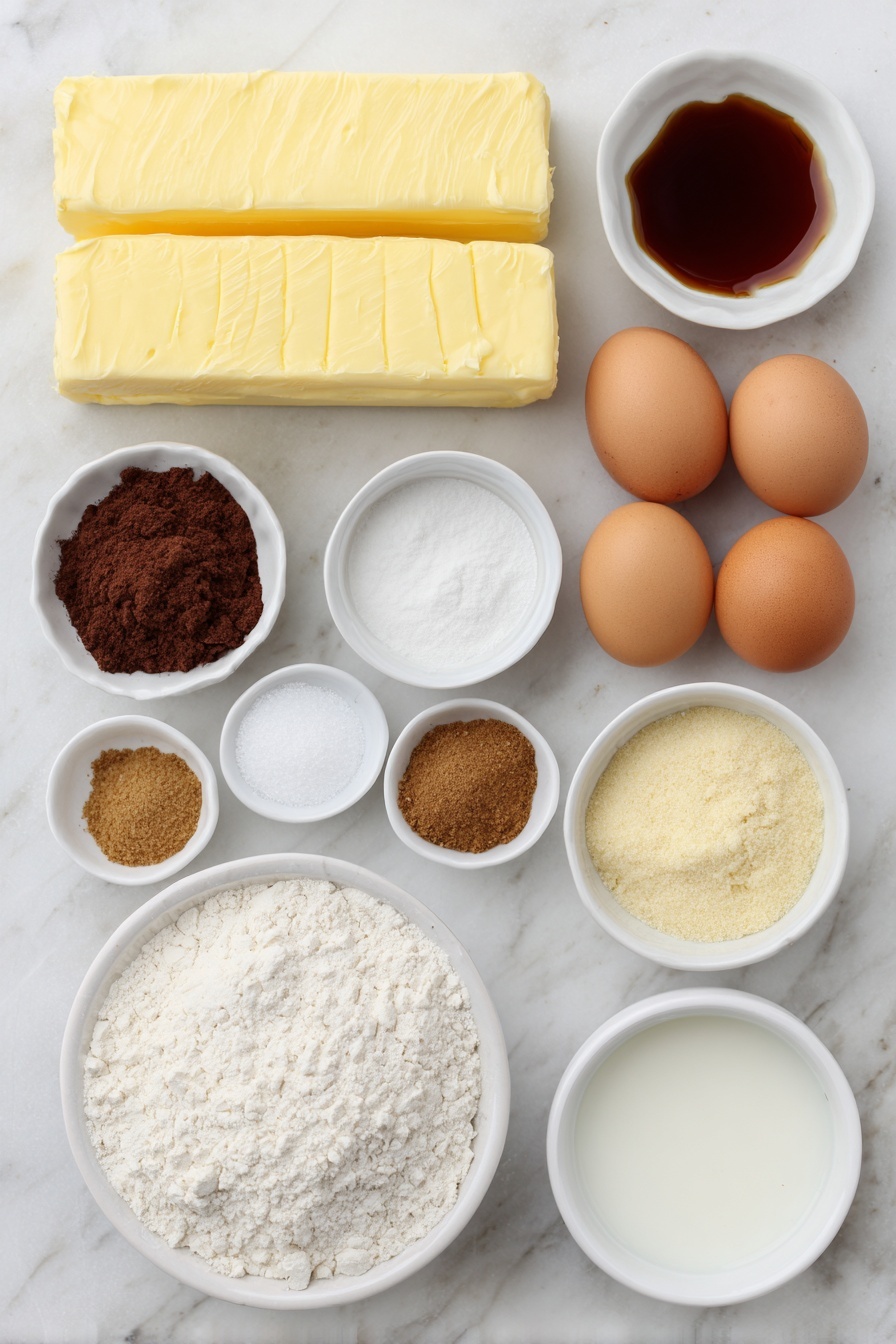 Gingerbread Man Cookies Recipe 7 Flat lay of two sticks of slightly softened butter, a small mound of dark brown sugar, a small white bowl filled with rich molasses, a small white bowl of vanilla extract, a white ceramic bowl heaped with all-purpose flour, a small pile of kosher salt crystals, small piles of ground ginger, ground cinnamon, ground cloves, and ground allspice each neatly arranged, three whole uncracked brown eggs, a small white bowl of powdered sugar, and a small white bowl containing warm water, all placed on a clean white marble surface, soft natural light, photo taken with an iPhone, professional food photography style, fresh ingredients, white ceramic bowls, no bottles, no duplicates, no utensils, no packaging --ar 2:3 --v 7 --p m7354615311229779997 - Gingerbread Man Cookies, holiday baking cookies, gingerbread cookies recipe, festive cookie ideas, easy gingerbread cookies