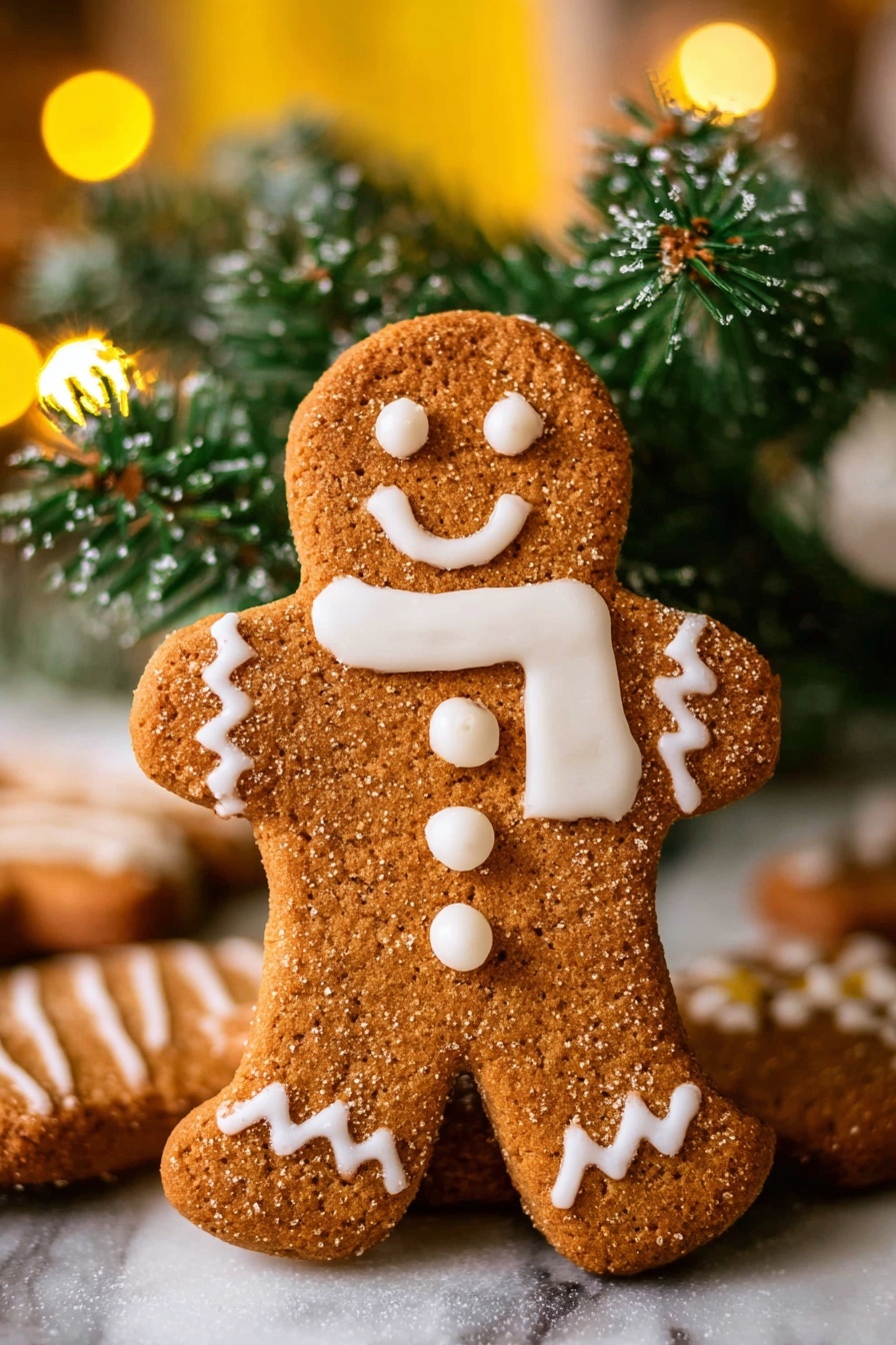 Gingerbread Man Cookies Recipe 8 A close-up of a gingerbread cookie shaped like a person, standing upright on top of other cookies. The cookie is brown with a rough texture and decorated with white icing showing a smiling face, scarf, buttons, and lines on the arms and legs. Behind the cookie, there is a green pine branch with snow-like specks, and the background has warm yellow lights that create a cozy feeling. The cookies rest on a white marbled surface. photo taken with an iphone --ar 2:3 --v 7 - Gingerbread Man Cookies, holiday baking cookies, gingerbread cookies recipe, festive cookie ideas, easy gingerbread cookies