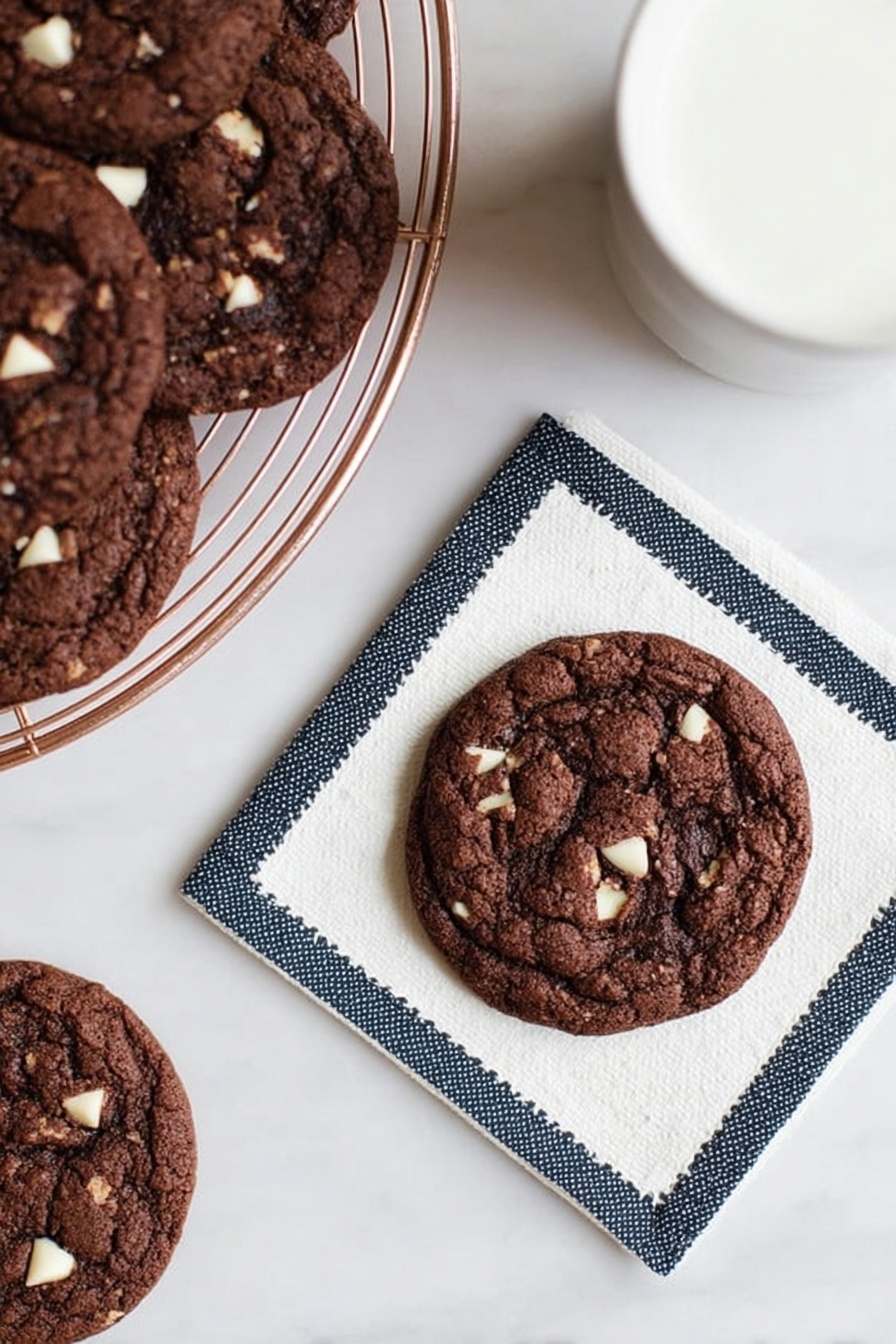 Hot Chocolate Cookies Recipe 6 A round dark brown chocolate cookie with small white chocolate pieces is placed on a white napkin with white stitching, set on a white marbled surface. Next to it, a white cup filled with milk is partially visible. On the left side, a rose gold wire cooling rack holds several more similar cookies stacked closely together, showing their cracked texture and scattered white pieces. The overall setting is clean and minimal, with soft natural light. photo taken with an iphone --ar 2:3 --v 7 - Hot Chocolate Cookies, Hot Chocolate Cookies Recipe, Warm Chocolate Cookies, Cozy Winter Cookies, Chocolate Marshmallow Cookies