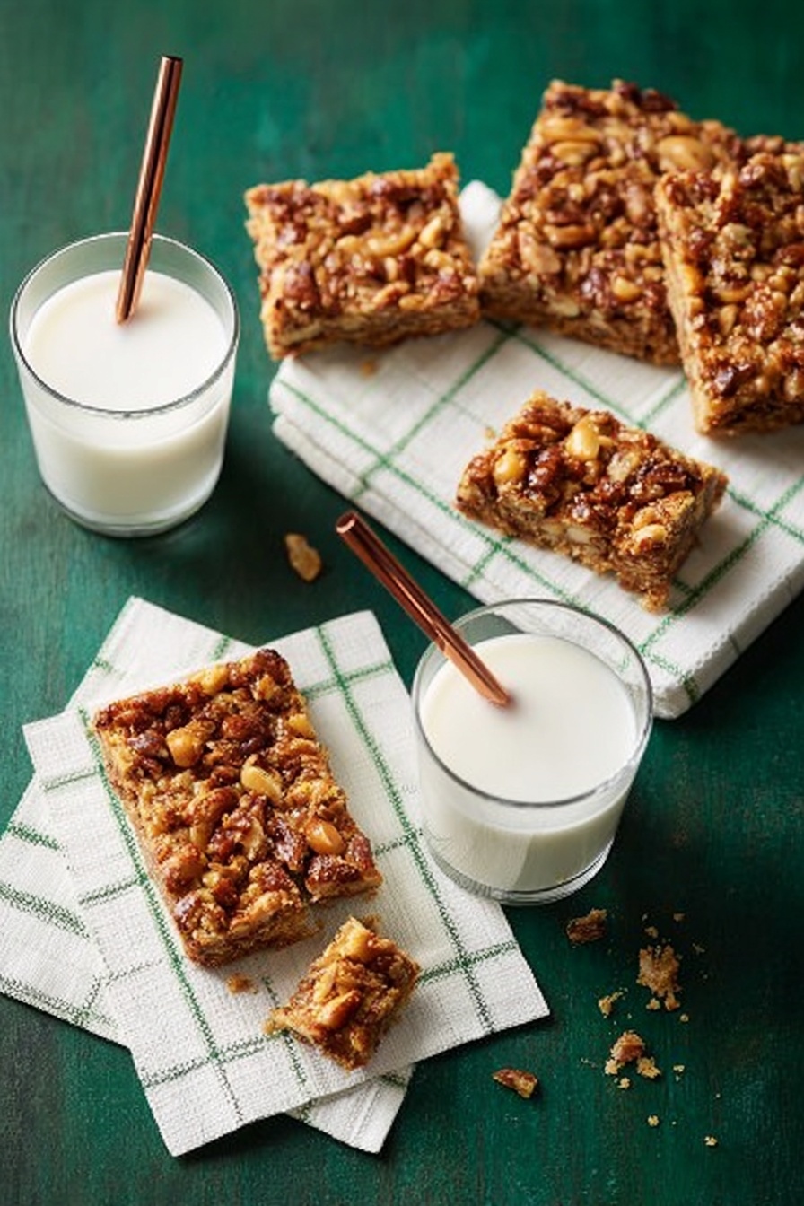 The image shows four square nut bars with a rough textured top full of mixed nuts in brown shades, placed on white napkins with green stripes, on a dark green surface. Two bars are whole, one is laid flat showing its toasted nut topping and dense interior, while another is broken in pieces revealing a lighter golden-brown inside with nut chunks. Two clear round glasses filled with white milk each have a copper straw. Some crumbs are scattered around the bars. Photo taken with an iphone --ar 2:3 --v 7 - Chocolate Toffee Pecan Bread Pudding Bars, decadent dessert, easy bread pudding bars, chocolate pecan dessert, no-bake bread pudding treats