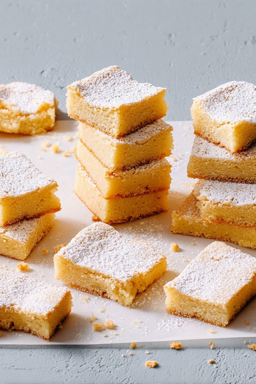 Buttery Shortbread Cookies Recipe 8 The image shows several stacks of square-shaped blondies dusted with powdered sugar on top, arranged on white parchment paper over a white marbled surface. Each blondie has a light golden-yellow color and a soft, crumbly texture with slightly raised edges. The stacks vary in height, some with four or five pieces, and there are also a few single pieces and broken blondies scattered around. The background is a plain, smooth light gray wall. Photo taken with an iphone --ar 2:3 --v 7 - Buttery Shortbread Cookies, shortbread cookies recipe, easy shortbread recipe, melt-in-mouth cookies, homemade shortbread