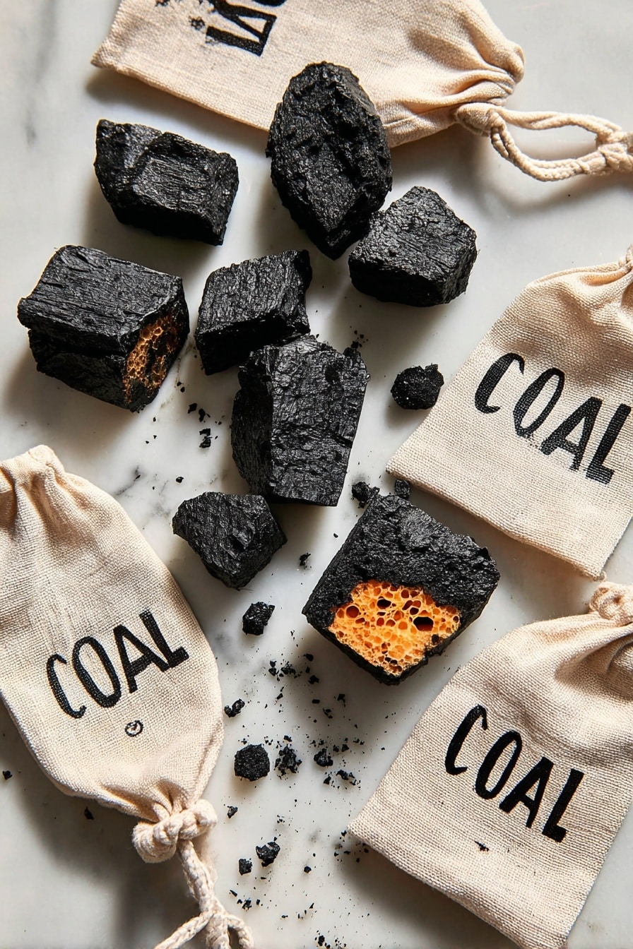 Edible Coal Candy with Chocolate Coating Recipe 6 The image shows several pieces of black charcoal-like candy scattered on a white marbled surface. Most of these candies have a rough, dark black outer layer with a slightly grainy texture. Some pieces are broken open, revealing a bright orange, airy, honeycomb-like inside with small holes. There are three small off-white cloth bags with drawstrings among the candies; two bags have the word