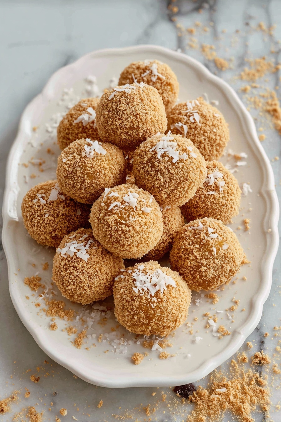 The image shows a white oval plate filled with round dessert balls that have a crumbly, light brown coating. The balls are arranged in a pyramid shape with about three layers, each ball roughly the same size, with some small white coconut flakes scattered on top and around them. There are crumbs sprinkled on and around the plate, with the plate set on a white marbled surface. The texture of the balls looks rough and powdery from the crumb coating. Photo taken with an iphone --ar 2:3 --v 7 - No-Bake Coconut Chocolate Balls, coconut chocolate balls, no-bake dessert, quick chocolate treat, easy coconut treats