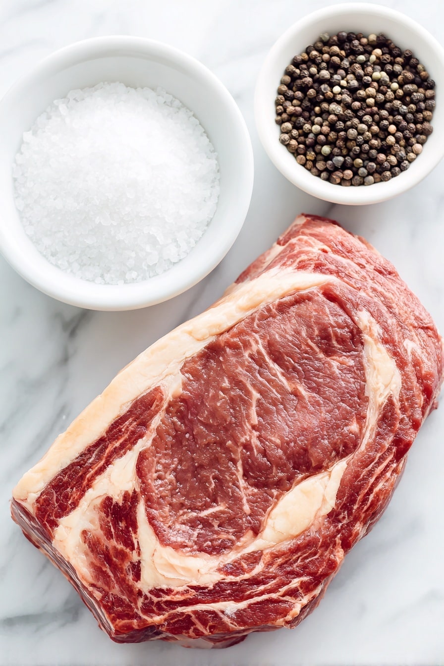 Perfect Prime Rib Roast Recipe 7 Flat lay of a large raw standing rib roast with rich marbling and a thick fat cap, a small white bowl filled with coarse kosher salt crystals, and another small white bowl containing freshly cracked black peppercorns, all placed on a clean white marble surface, soft natural light, photo taken with an iPhone, professional food photography style, fresh ingredients, white ceramic bowls, no bottles, no duplicates, no utensils, no packaging --ar 2:3 --v 7 --p m7354615311229779997 - Perfect Prime Rib Roast, prime rib roast, juicy prime rib, tender prime rib, holiday roast