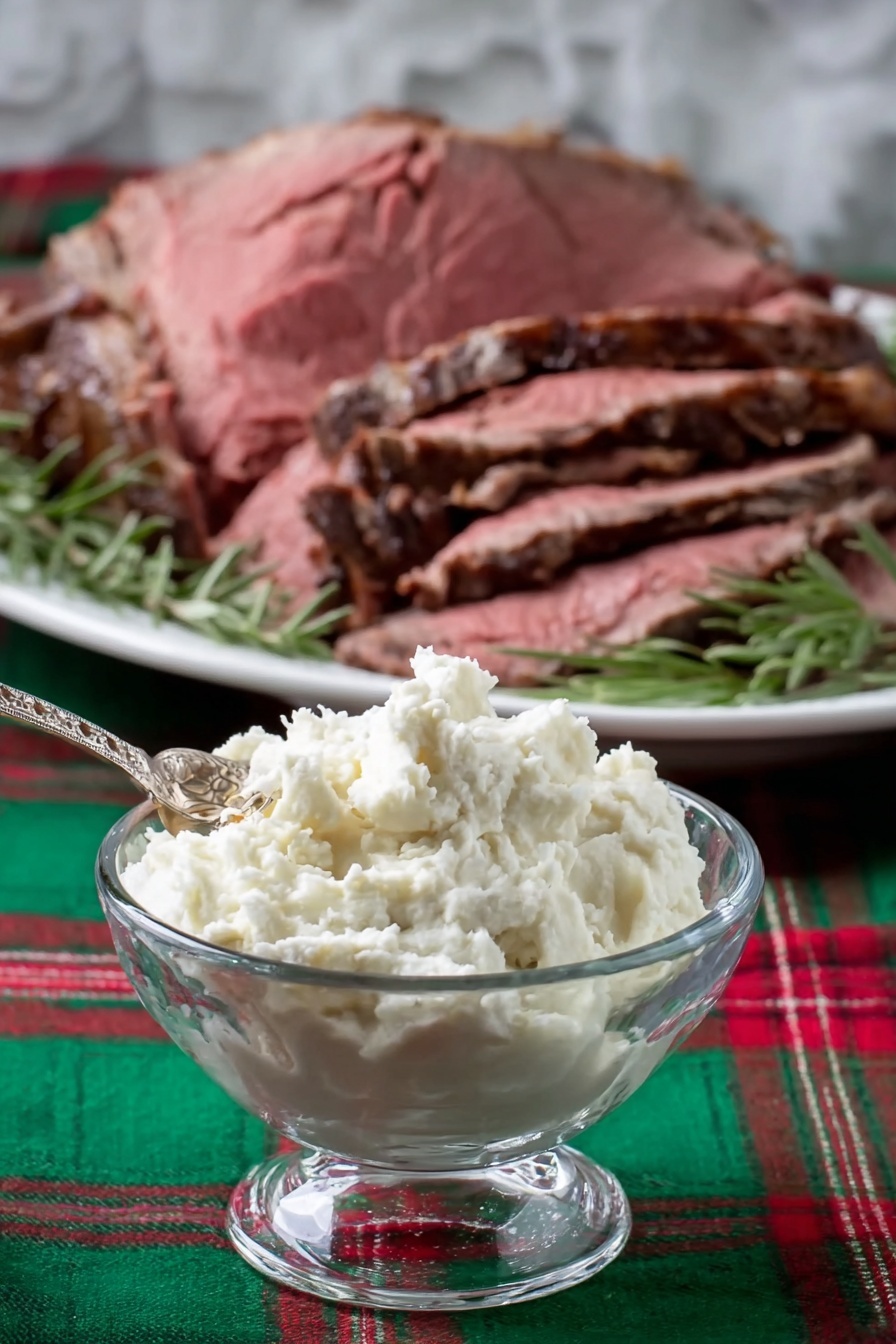 Perfect Prime Rib Roast Recipe 8 The image shows a clear glass bowl filled with a white, fluffy texture topped with a silver spoon, placed on a green tartan cloth with red and white lines. Behind the bowl, there is a white plate filled with thick slices of medium-cooked reddish-brown meat with visible layers of tender pink inside. Some sprigs of green herbs are placed near the meat on the plate. The backdrop has a white marbled texture. Photo taken with an iphone --ar 2:3 --v 7 - Perfect Prime Rib Roast, prime rib roast, juicy prime rib, tender prime rib, holiday roast