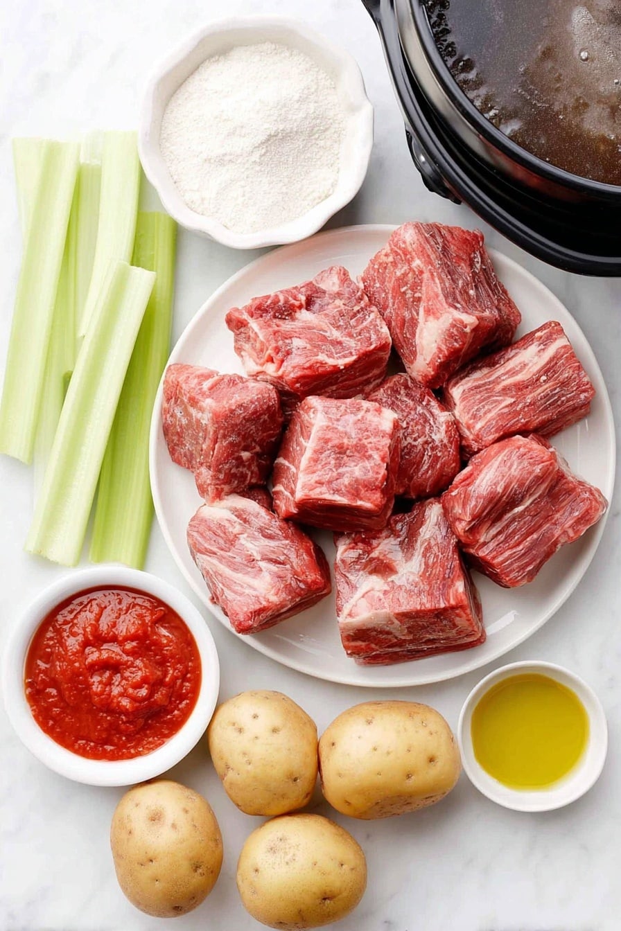 Hawaiian Beef Stew Recipe 7 Flat lay of fresh raw beef chuck cubes, two crisp celery stalks sliced, four peeled and cut carrots in chunks, three yellow onions quartered, three cubed Yukon Gold potatoes, a small mound of pale all-purpose flour on a simple white ceramic plate, a small white bowl of rich olive oil, a small white bowl of bright red tomato paste, a small white bowl of smooth tomato sauce, a small white bowl of dark soy sauce, a small white bowl of glossy Worcestershire sauce, a small white bowl of beef stock, placed on a clean white marble surface, soft natural light, photo taken with an iPhone, professional food photography style, fresh ingredients, white ceramic bowls, no bottles, no duplicates, no utensils, no packaging --ar 2:3 --v 7 --p m7354615311229779997 - Hawaiian Beef Stew, Hawaiian Beef Stew Recipe, Hawaiian Beef Stew preparation, Hawaiian Beef Stew ingredients, Hawaiian Beef Stew dinner ideas