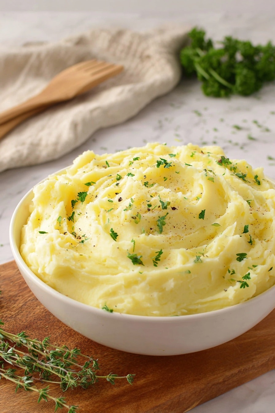 A white bowl filled with light yellow mashed potatoes, shaped with soft peaks and swirls on the surface. The top is sprinkled with small green parsley leaves and tiny black pepper specks. The bowl is placed on a wooden board, with fresh green herbs and a beige cloth with a wooden spatula in the blurry background, all set on a white marbled surface. Photo taken with an iphone --ar 2:3 --v 7 - Garlic Herb Mashed Potatoes, creamy garlic herb mashed potatoes, how to make garlic herb mashed potatoes, best garlic herb mashed potatoes, flavorful mashed potato side dish