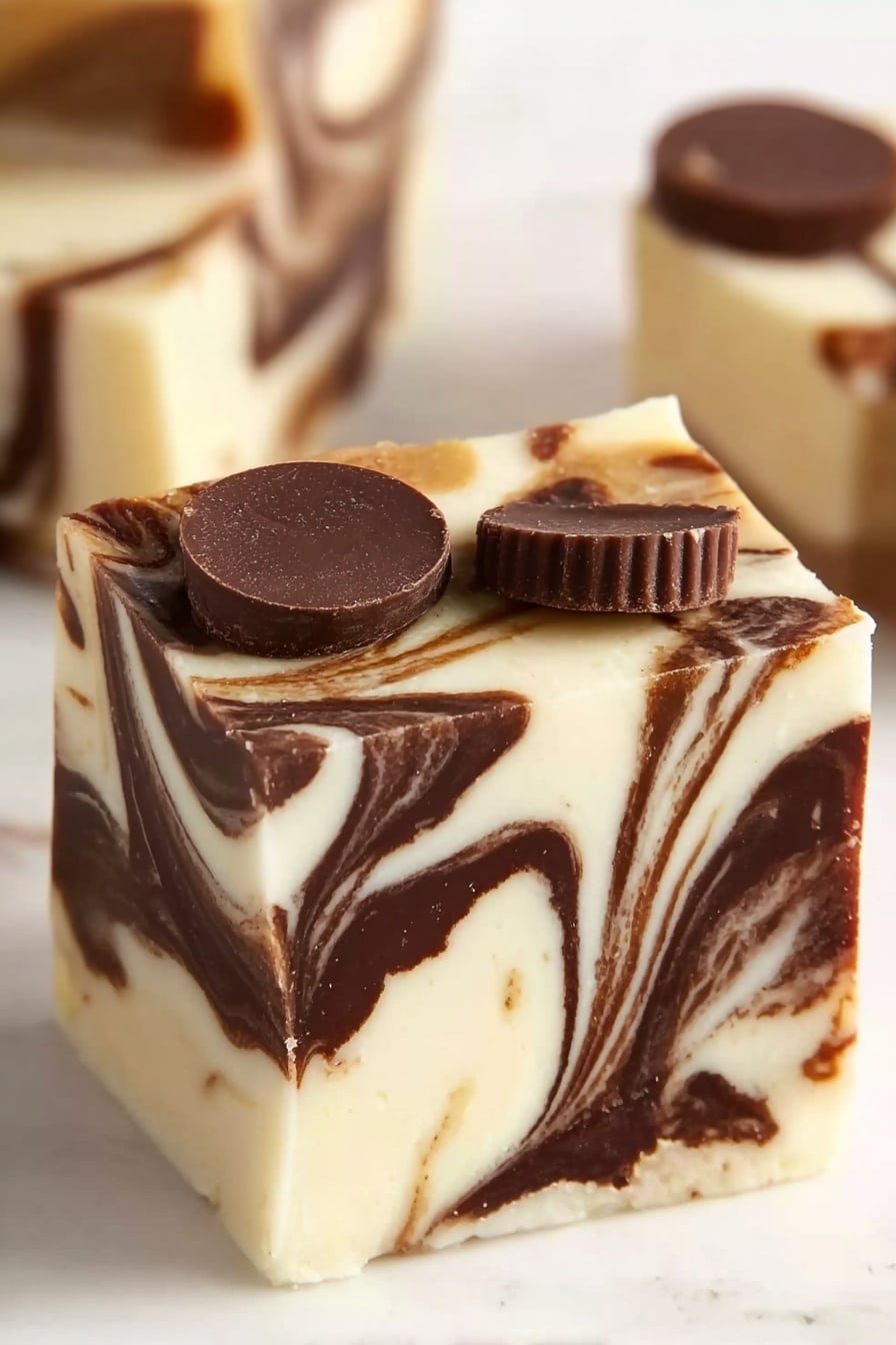 Moose Tracks Fudge with Peanut Butter Cups Recipe 6 The image shows a close-up of a square piece of white and dark brown swirled fudge on a white marbled surface. The fudge has two main layers: a creamy white layer mixed with dark brown chocolate swirls in a marbled pattern, giving it a smooth and rich look. On top of the fudge, there are two small round peanut butter cup candies that add texture and color contrast with their smooth, dark chocolate shells. The edges of the fudge are clean, and the surface looks slightly shiny, showing its smooth texture. In the background, another piece of fudge with the same pattern is visible but out of focus, creating depth in the image. photo taken with an iphone --ar 2:3 --v 7 - Moose Tracks Fudge, Peanut Butter Cups, Chocolate Fudge, No-Bake Fudge, Holiday Fudge