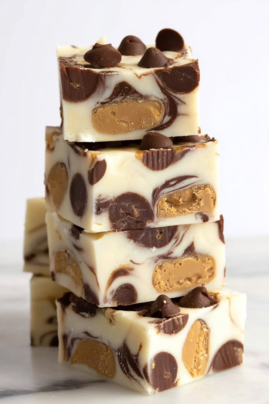 Moose Tracks Fudge with Peanut Butter Cups Recipe 8 The image shows a stack of five square white chocolate fudge pieces with visible layers. Each piece has a creamy white base with a thick dark brown chocolate swirl layer running horizontally through the middle. Inside the white chocolate layers, there are embedded peanut butter cup pieces, some visible as whole halves and others partially melted into the fudge. The top piece prominently displays multiple peanut butter cup halves and round chocolate chips embedded on its surface, adding texture and depth. The stack is placed on a white marbled surface with a clean white background. photo taken with an iphone --ar 2:3 --v 7 - Moose Tracks Fudge, Peanut Butter Cups, Chocolate Fudge, No-Bake Fudge, Holiday Fudge