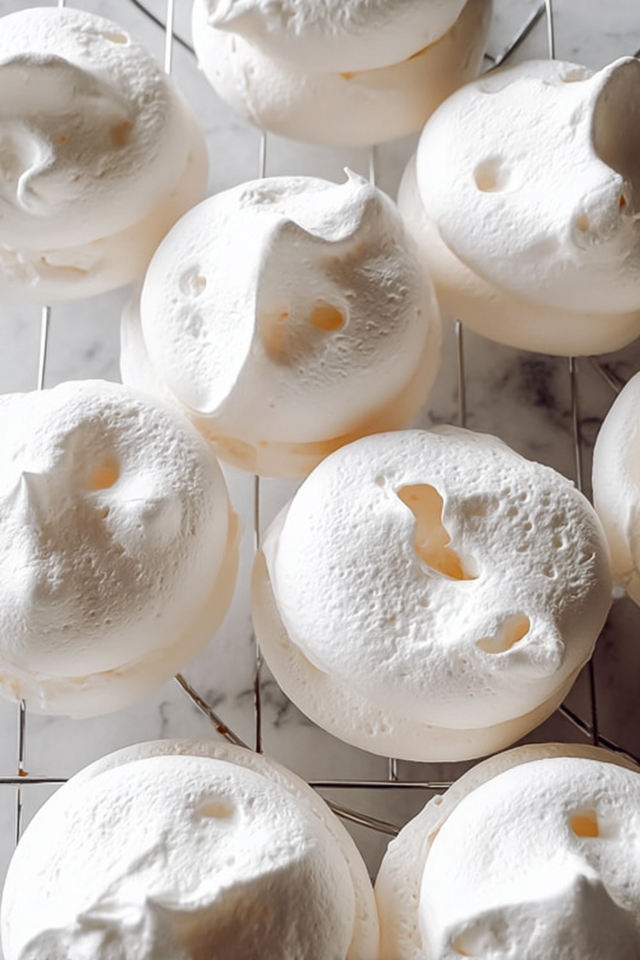 Pull Apart Pavlova Wreath Recipe 8 The image shows a group of white, fluffy meringue cookies placed closely together on a wire cooling rack. Each meringue is round with a smooth but slightly uneven surface, featuring small cracks and hollow centers that reveal light shadows inside. The cookies have a matte texture with soft curves and a few tiny holes scattered randomly. The background is a white marbled texture which adds a subtle contrast to the bright white meringues. The overall scene has a bright, natural light that enhances the crispness of the cookies. photo taken with an iphone --ar 2:3 --v 7 - Pull Apart Pavlova Wreath, Pavlova Wreath Recipe, Elegant Pavlova Dessert, Festive Pavlova Centerpiece, Show-Stopping Pavlova