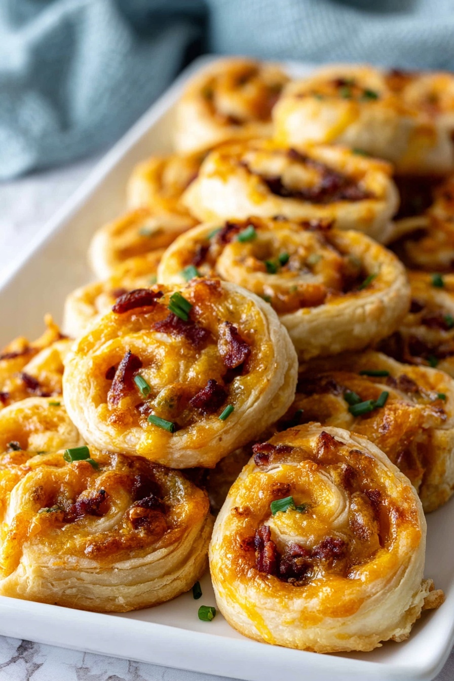 Salami and Cheese Pinwheels Recipe 6 The image shows a white rectangular plate filled with small round puff pastry pinwheels arranged in rows. Each pinwheel has three visible layers: a flaky, golden-brown outer dough swirl, a bright orange melted cheese layer in the middle, and small pieces of dark red meat scattered on top of the cheese. Tiny green chive pieces are sprinkled over the pinwheels and plate, adding contrast. The background features a white marbled texture with a soft blue cloth slightly blurred in the far back. The pinwheels look crispy and warm, with the cheese bubbling in places. photo taken with an iphone --ar 2:3 --v 7 - Salami and Cheese Pinwheels, savory snack ideas, party appetizer recipes, puff pastry pinwheels, quick appetizer recipes