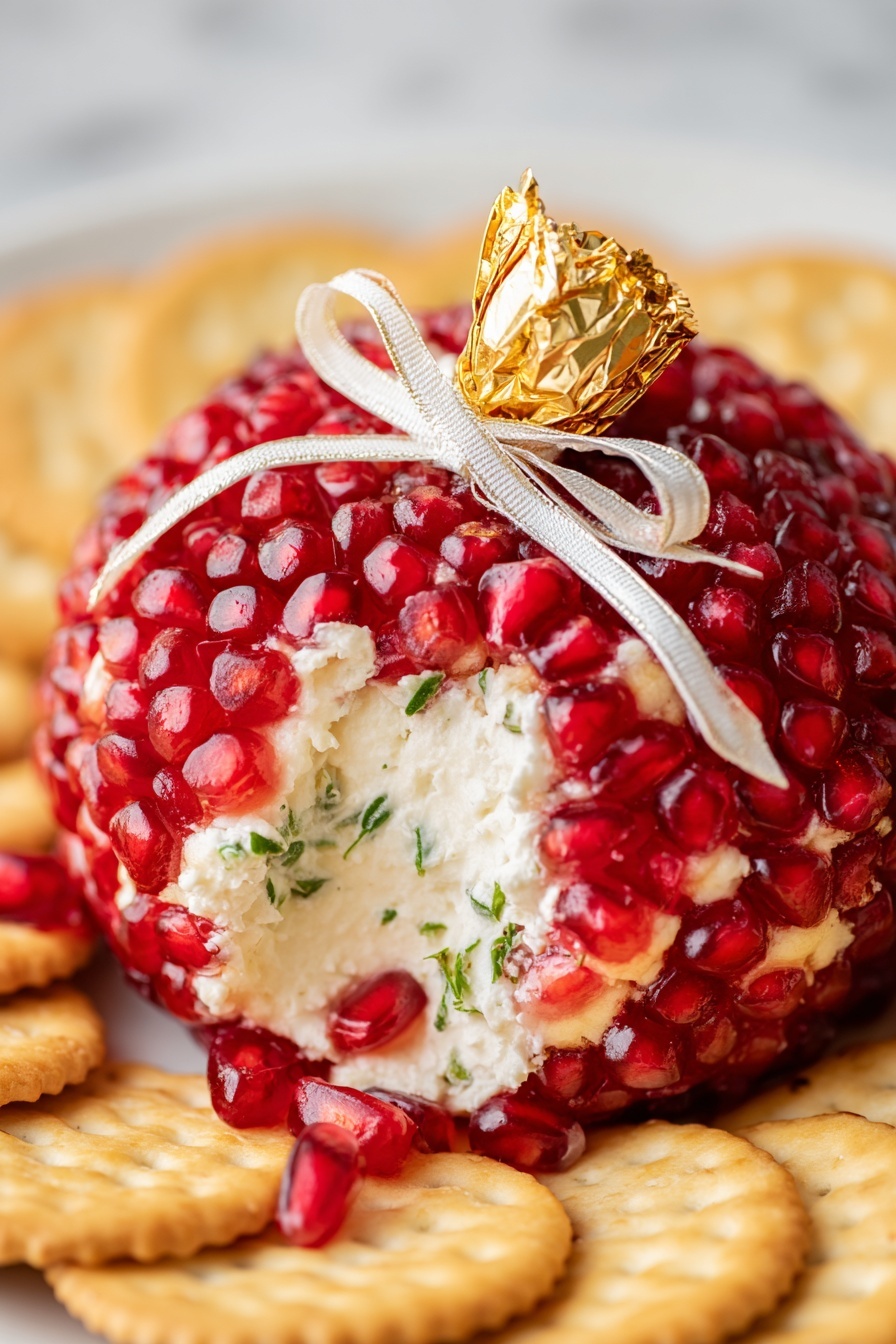 The image shows a round cheese ball covered fully with bright red pomegranate seeds, giving it a shiny and textured look. On top, there is a small gold foil-wrapped piece tied with a white ribbon bow. Beside the gold piece, a sprig of fresh green rosemary lies on the pomegranate seed layer. The cheese ball is placed on a white plate with some crackers arranged around it. The background features a white marbled texture. photo taken with an iphone --ar 2:3 --v 7 - Pomegranate Christmas Cheese Ball, Christmas cheese ball appetizer, festive cheese ball recipe, holiday party appetizer, easy cheese ball with pomegranate
