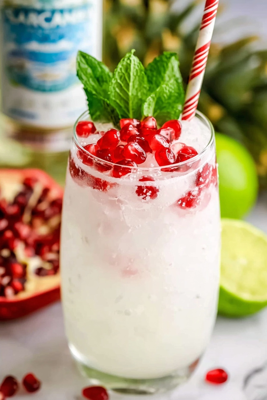 A clear glass filled with a white drink and large ice cubes, topped with bright red pomegranate seeds scattered on the surface. There is a green mint leaf standing tall at the back inside the glass, and a white and red striped straw placed next to the mint. The background shows a blurred bottle with the label visible, a green pomegranate plant, and a sliced lime on a white marbled surface. The colors are vibrant with the contrast of white, red, green, and the drink's smooth texture. photo taken with an iphone --ar 2:3 --v 7 - Creamy White Christmas Mojito, holiday mojito, festive cocktail, mint coconut cocktail, holiday drink recipe