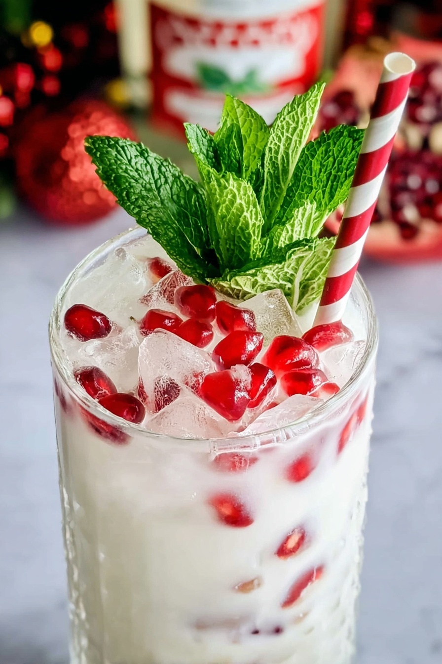 Creamy White Christmas Mojito Recipe 8 A tall clear glass filled with white creamy liquid as the main layer, with large clear ice cubes visible inside. Scattered bright red pomegranate seeds float on top, adding a pop of color. A fresh sprig of green mint leaves stands upright at the back of the glass. A red and white striped paper straw leans against the mint from the right side. The background shows blurred elements including a bottle and festive decorations against a white marbled texture photo taken with an iphone --ar 2:3 --v 7 - Creamy White Christmas Mojito, holiday mojito, festive cocktail, mint coconut cocktail, holiday drink recipe