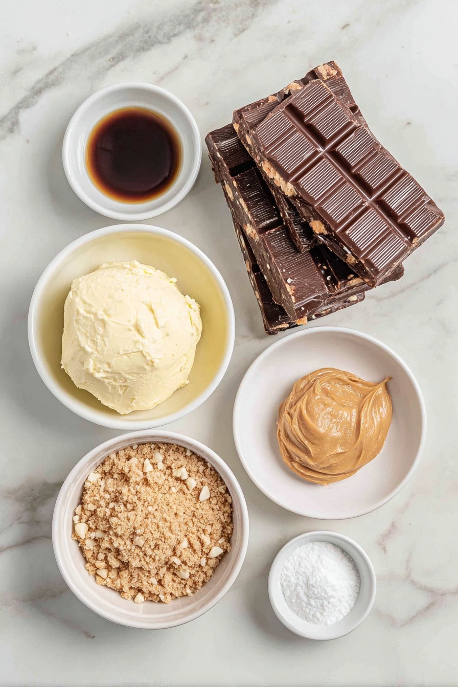 Chocolate Peanut Butter Butterfinger Balls Recipe 7 Flat lay of a small mound of softened butter, a small white bowl of vanilla extract, a simple white bowl filled with glossy dark chocolate bark pieces, a small white bowl containing crushed Butterfinger bars with golden caramel and peanuts visible, a small white bowl of fine powdered sugar, a smooth dollop of creamy peanut butter on a white ceramic plate, a small white bowl holding light brown graham cracker crumbs, all arranged in perfect symmetry on a clean white marble surface, soft natural light, photo taken with an iPhone, professional food photography style, fresh ingredients, white ceramic bowls, no bottles, no duplicates, no utensils, no packaging --ar 2:3 --v 7 --p m7354615311229779997 - Chocolate Peanut Butter Butterfinger Balls, peanut butter chocolate treats, no-bake candy bites, easy peanut butter chocolate snacks, Butterfinger dessert recipes