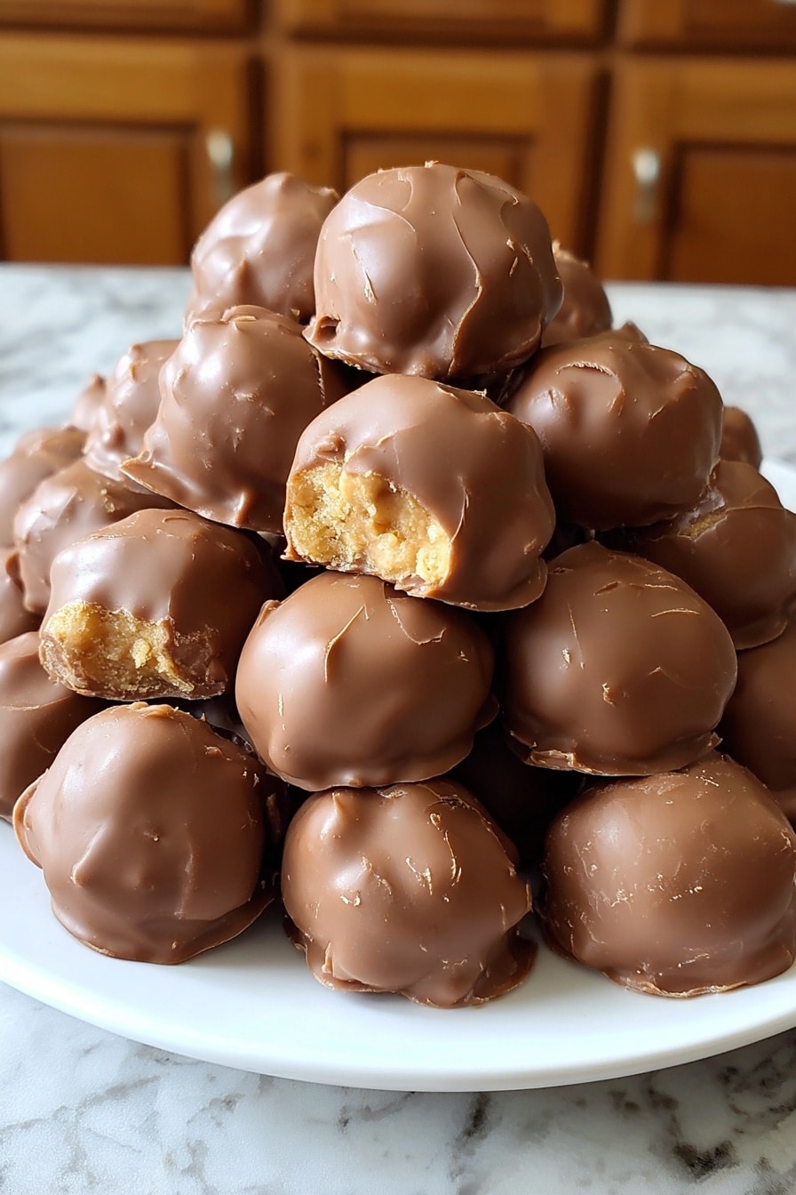 A white plate filled with many small round treats covered in smooth milk chocolate. Each treat has a rough, slightly bumpy surface with a few small creases and cracks on top. Some have a bit of the inside showing at the bottom, revealing a light golden center that looks crumbly and soft. The treats are stacked close together, creating a small pyramid shape. The plate sits on a white marbled surface with a background showing wooden cabinets. The photo taken with an iphone --ar 2:3 --v 7 - Chocolate Peanut Butter Butterfinger Balls, peanut butter chocolate treats, no-bake candy bites, easy peanut butter chocolate snacks, Butterfinger dessert recipes
