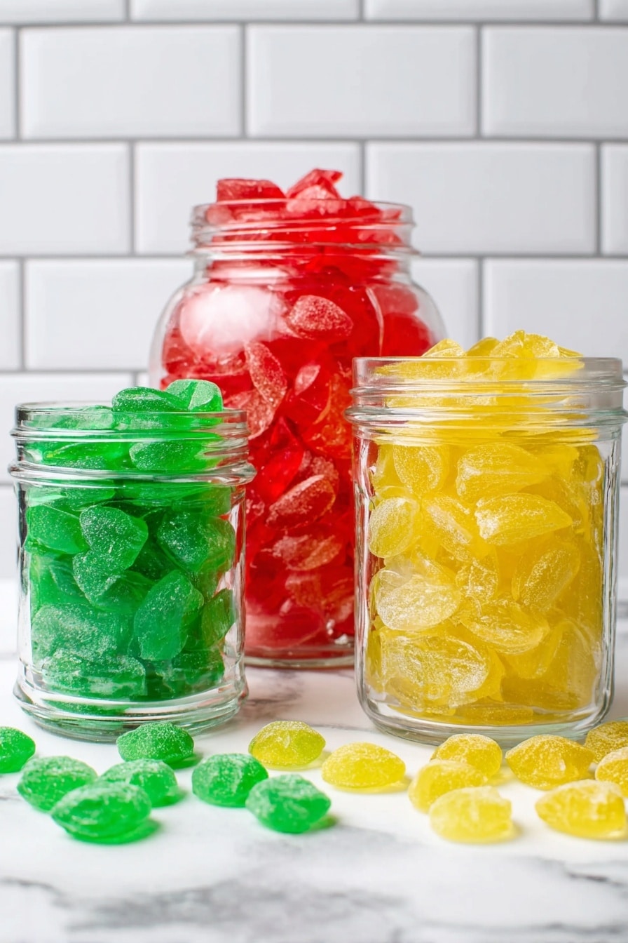 Three glass jars are placed side by side on a white marbled surface. The left jar is round and filled with bright green candy pieces that are translucent and have a shiny texture, with some pieces scattered in front. The middle jar is taller, clear, and filled with bright red candy pieces, also translucent and shiny, with some resting outside the jar on the surface. The right jar is round and filled with bright yellow translucent candy pieces, with a few pieces spilled in front. The background is a white tiled wall. Photo taken with an iphone --ar 2:3 --v 7 - Homemade Hard Candy, DIY hard candy, homemade candies, easy hard candy recipe, vibrant homemade sweets