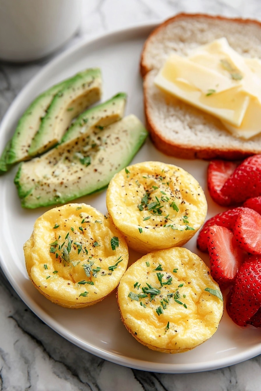 A white plate with three small, round yellow egg muffins sprinkled with small green herb pieces on top is placed near the center. Next to the egg muffins on the left are five sliced light green avocado pieces arranged in a fan shape with some black pepper sprinkled over them. Behind the avocados, there is a single slice of white bread with melted light yellow butter spread on top. In the upper-right corner of the plate, there is a small pile of bright red, halved strawberries. The plate is set on a white marbled surface. photo taken with an iphone --ar 2:3 --v 7 - Cheddar Cottage Egg Bites, easy breakfast recipes, protein-packed snacks, make-ahead eggs, healthy egg bites