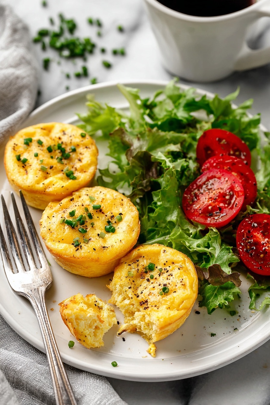 Cheddar Cottage Egg Bites Recipe 8 The image shows a white plate with three small, round, yellow egg muffins topped with green chives and a bit of black pepper. One muffin has a small bite taken out, with crumbs next to it. Next to the muffins is a fresh salad made of green leafy lettuce and halved red cherry tomatoes sprinkled with black pepper. A silver fork rests on the left side of the plate. The plate is placed on a white marbled surface, and a white cup of black coffee is partly visible in the top right corner. Photo taken with an iphone --ar 2:3 --v 7 - Cheddar Cottage Egg Bites, easy breakfast recipes, protein-packed snacks, make-ahead eggs, healthy egg bites