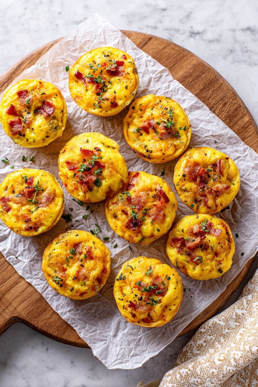 Healthy Egg Bites Recipe 8 The image shows a group of ten small round egg muffins arranged on crinkled white parchment paper, which lies on a wooden board. Each muffin has a bright yellow top with small red pieces of bacon mixed inside and slightly browned edges. Small green herb pieces are sprinkled on top and around the muffins. The muffins have a soft and slightly shiny texture, and the wooden board contrasts with the white marbled surface underneath. A beige and white patterned cloth is partly visible on the right side. Photo taken with an iphone --ar 2:3 --v 7 - Healthy Egg Bites, Healthy Egg Bites Recipe, quick healthy breakfast, nutritious egg bites, easy breakfast ideas