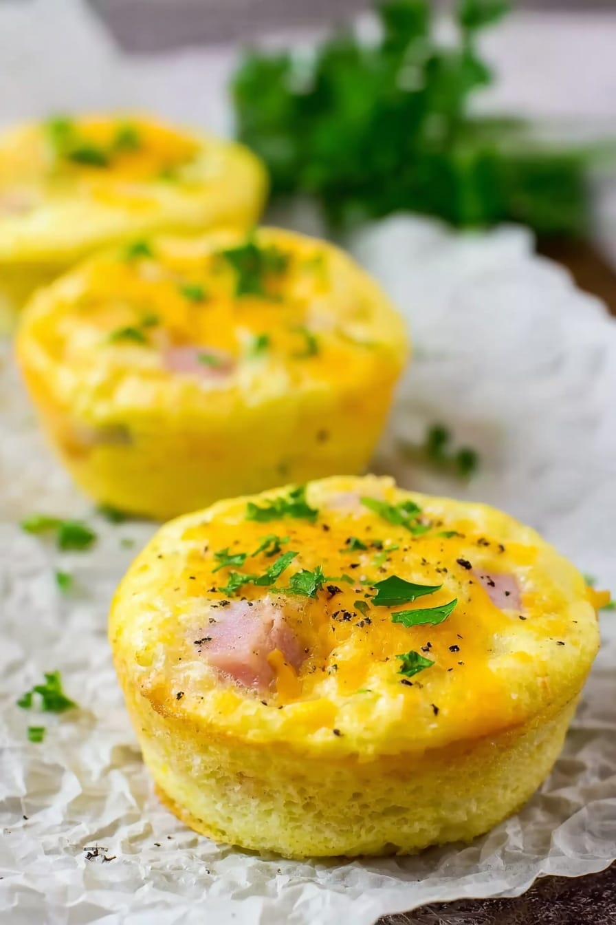 Ham and Cheese Egg Muffins Recipe 4 The image shows three round egg muffins on white crumpled parchment paper with a white marbled background. Each muffin has a light yellow base made from eggs mixed with small bits of pink ham inside, topped with melted yellow cheese and sprinkled with small green parsley leaves and black pepper spots. The muffins look fluffy and soft with uneven edges, and there is a blurred green garnish behind them. The focus is on the muffin in front with the other two softly blurred behind. Photo taken with an iphone --ar 2:3 --v 7 - Ham and Cheese Egg Muffins, Breakfast Egg Muffins, Easy Breakfast Recipes, Make-Ahead Egg Muffins, Protein-Packed Breakfast