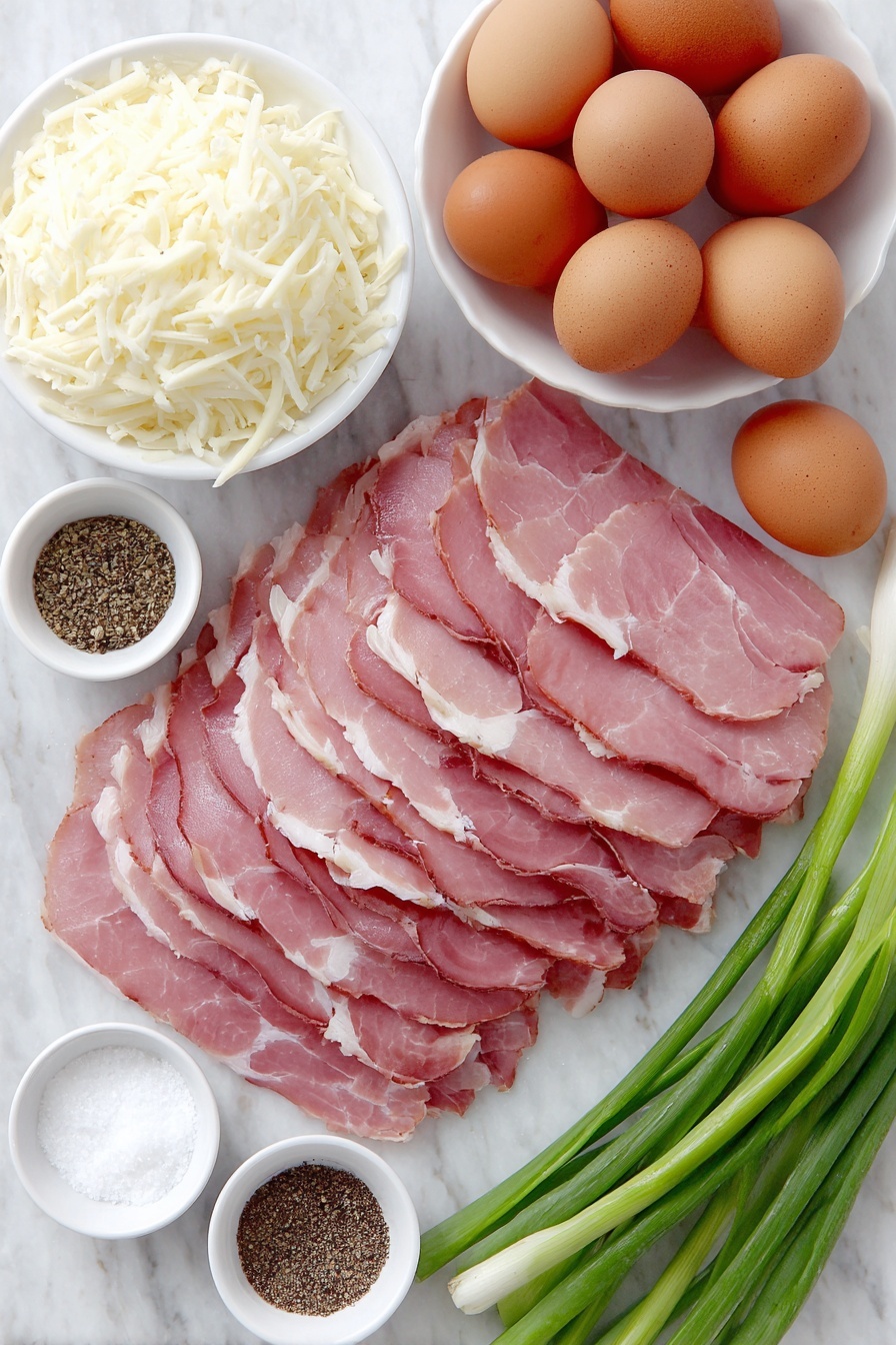 Ham and Cheese Egg Muffins Recipe 7 Flat lay of twelve thin slices of fresh pink ham arranged in a gentle curve, twelve whole clean-shelled brown eggs, a small white ceramic bowl filled with soft white shredded mozzarella cheese, a small white bowl of coarse salt crystals, a small white bowl of freshly ground black pepper, and a small bunch of vibrant green onions with long crisp stalks, placed on a clean white marble surface, soft natural light, photo taken with an iPhone, professional food photography style, fresh ingredients, white ceramic bowls, no bottles, no duplicates, no utensils, no packaging --ar 2:3 --v 7 --p m7354615311229779997 - Ham and Cheese Egg Muffins, savory egg muffins with ham and cheese, quick breakfast ideas, easy egg muffin recipes, protein-packed breakfast bites