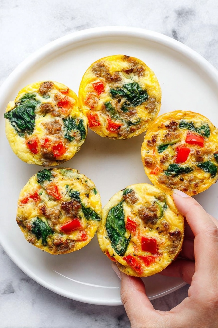 A white plate holds five small egg muffins arranged closely together. Each muffin has a base of golden, slightly puffy cooked eggs with visible textures. Scattered inside each are chunks of bright red bell pepper, dark green spinach leaves, and small pieces of brown sausage. The colors are mixed evenly throughout each muffin, giving a speckled look of red, green, and brown on the yellow egg background. A woman's hand is gently picking up one of the muffins from the right side of the plate. The plate sits on a white marbled surface. photo taken with an iphone --ar 2:3 --v 7 - Baked Egg Cups with Sausage and Spinach, Egg Cups with Sausage and Spinach, Healthy Breakfast Egg Bites, Protein-Packed Egg Muffins, Easy Make-Ahead Breakfast